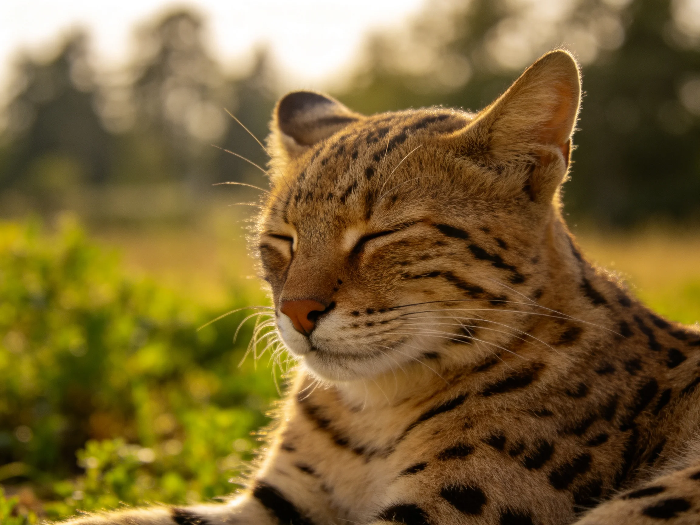 A wild cat rests peacefully in a sunlit natural setting surrounded by greenery.