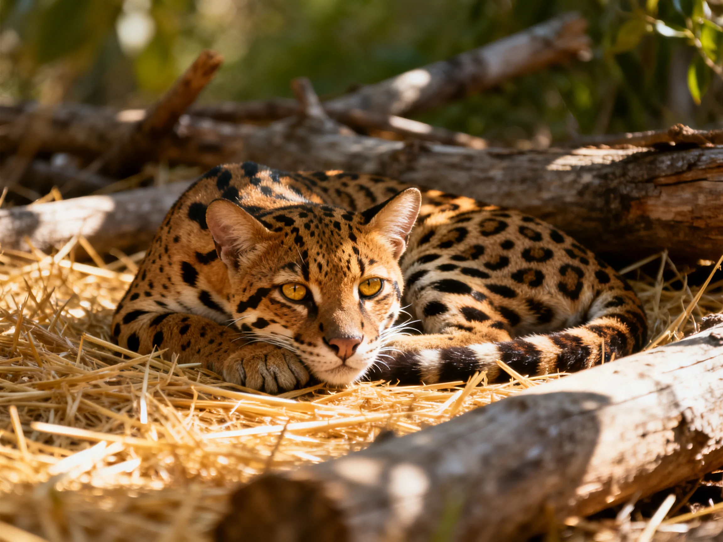 A serval rests on golden straw amid weathered logs in dappled sunlight