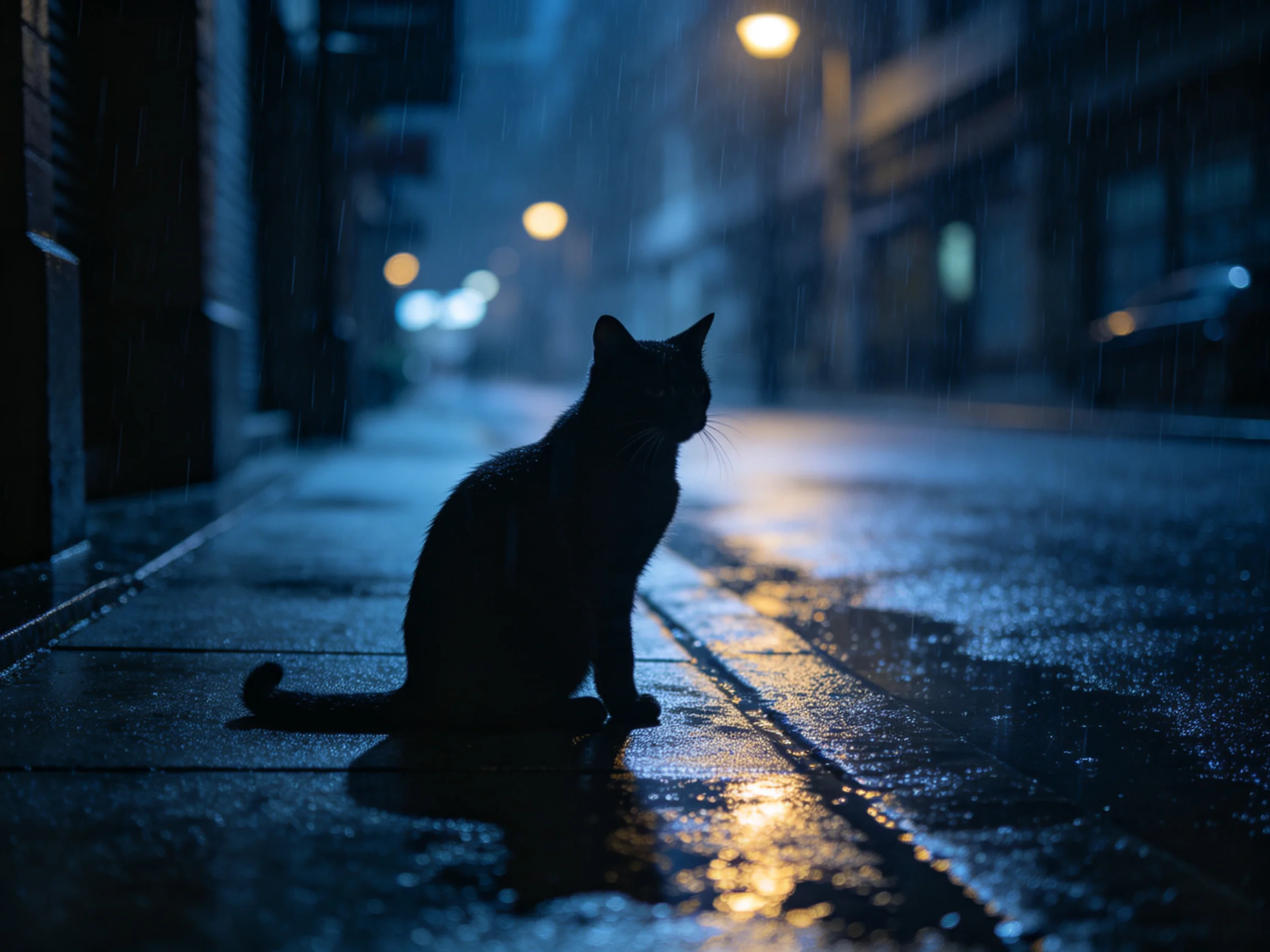 A cat’s silhouette rests on a wet urban sidewalk during a rainy night.