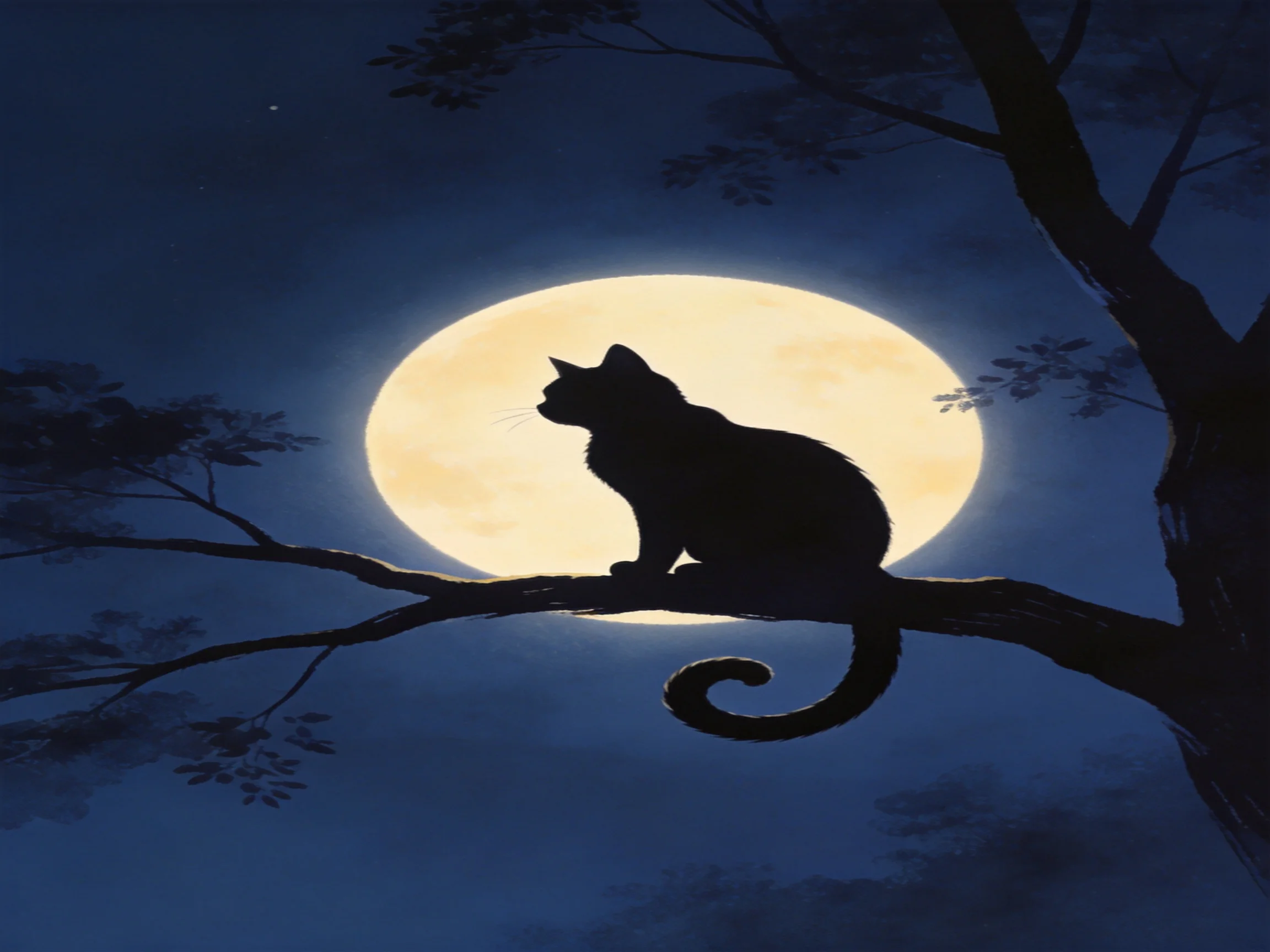 A silhouetted cat sits on a tree branch beneath a bright full moon
