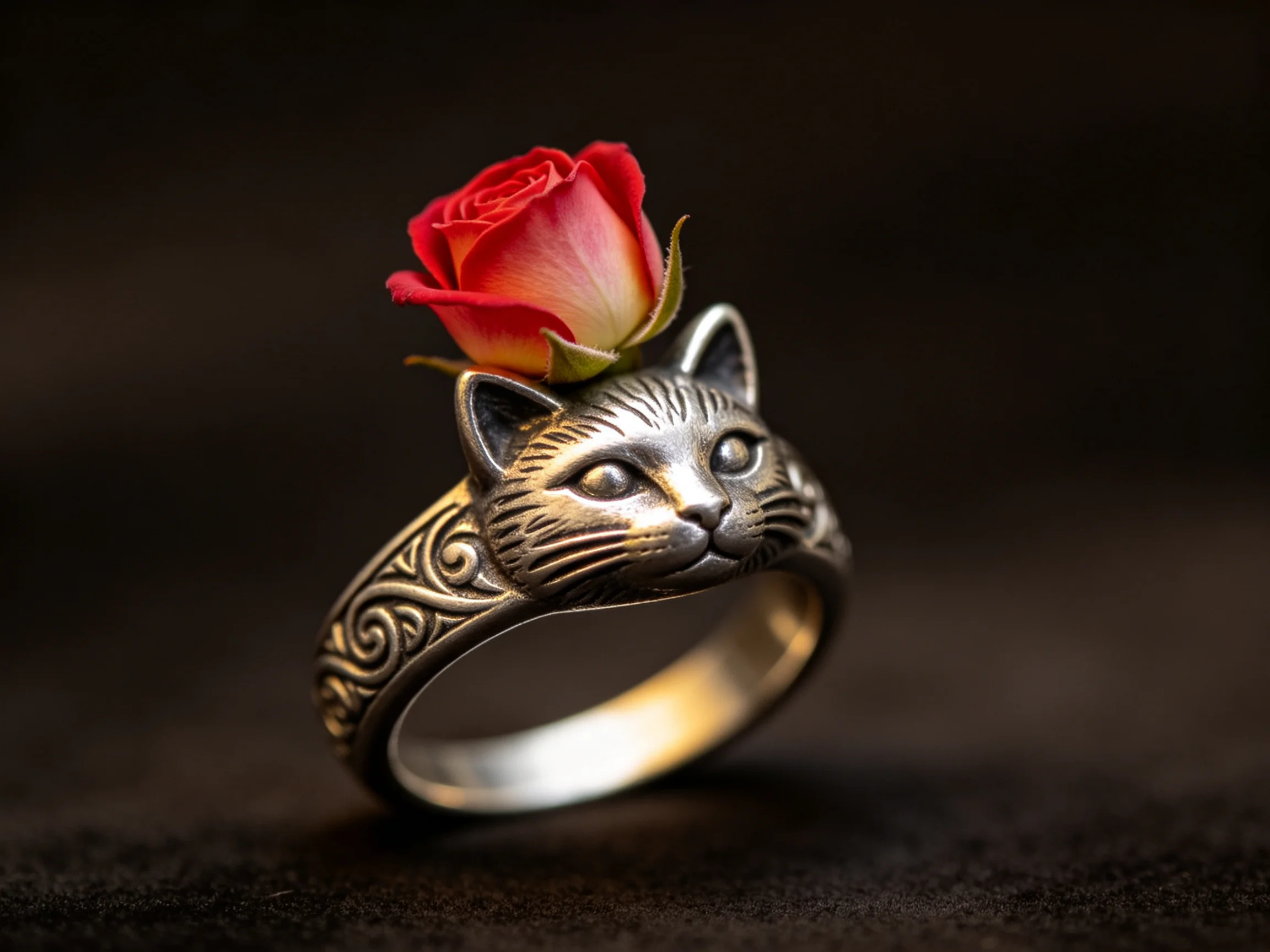 A silver cat-head ring adorned with a vibrant red rose
