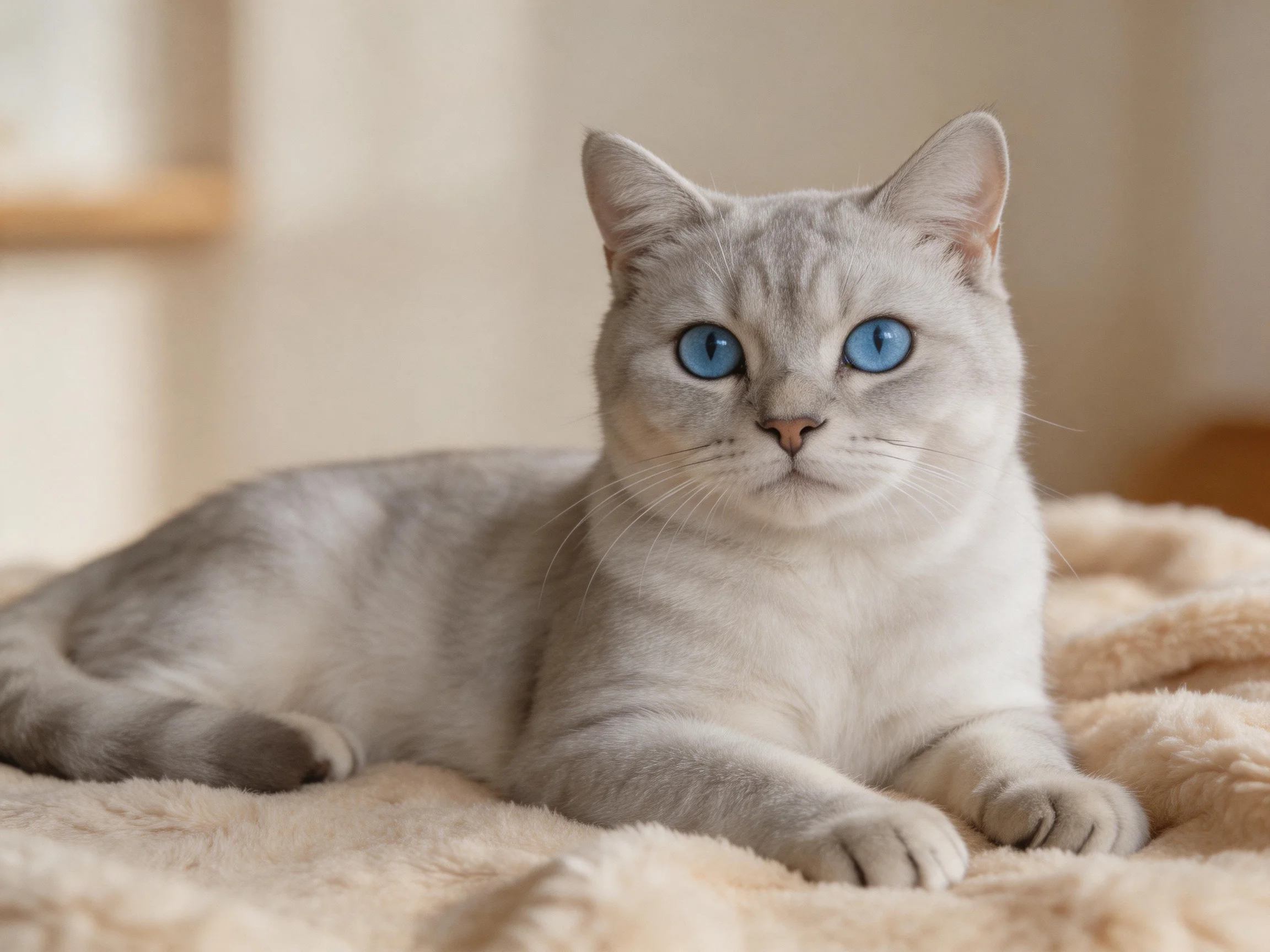 A silver cat with blue eyes relaxes on a soft blanket.