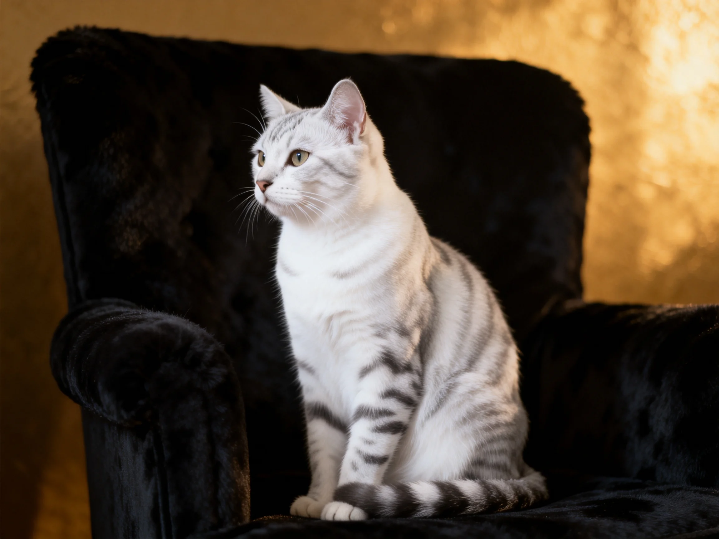 A silver tabby cat sits on a plush black armchair against a golden backdrop