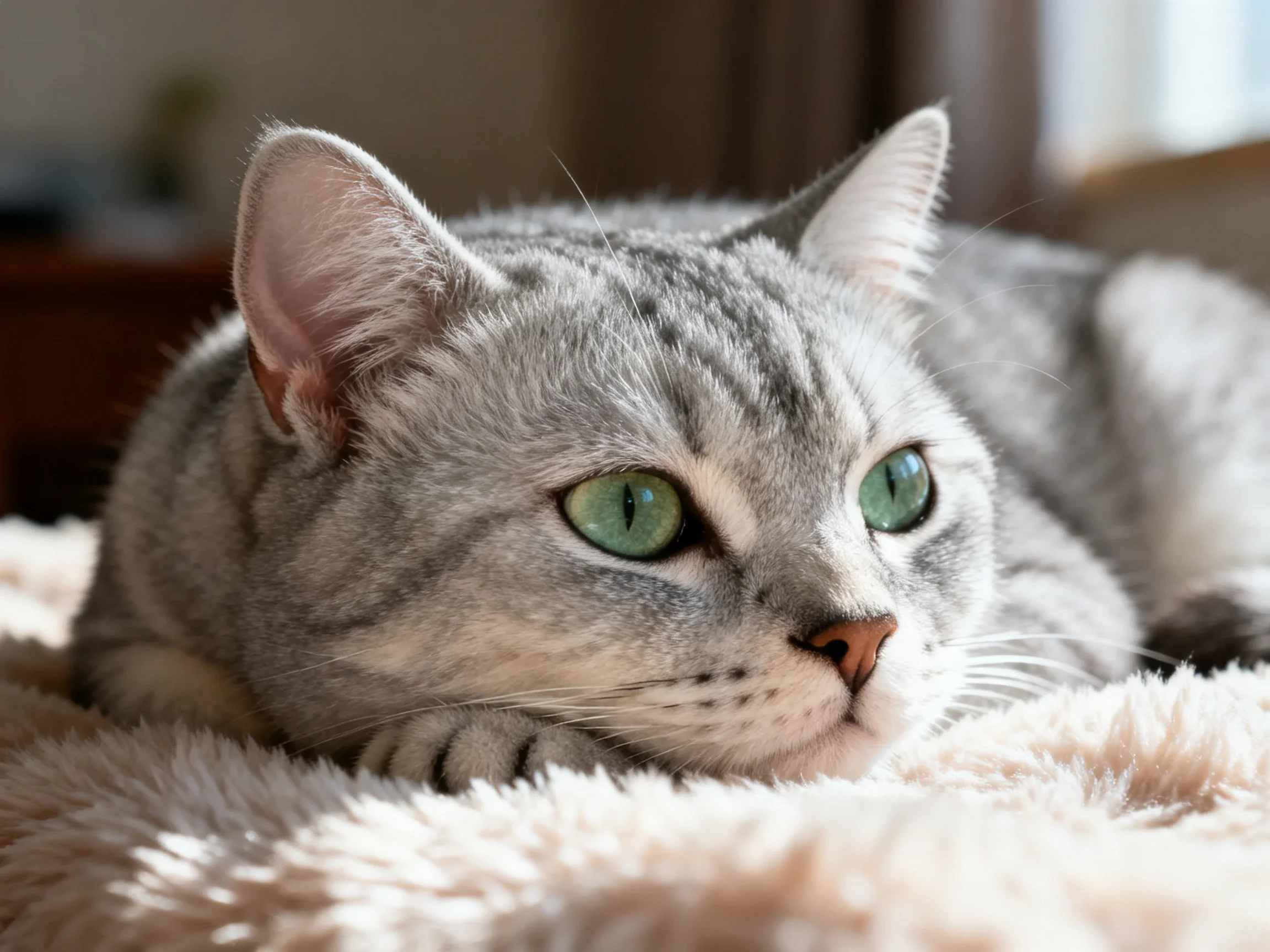 A silver tabby cat with bright green eyes lounges on a fluffy beige blanket