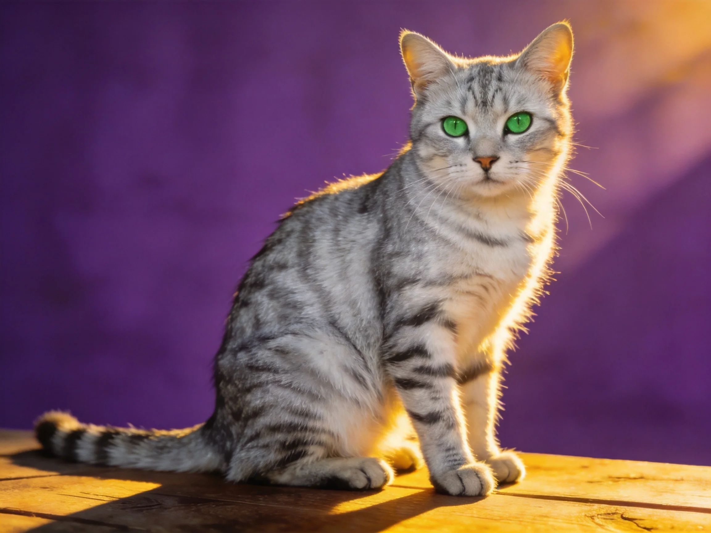 A silver tabby cat with green eyes sits on wood near a purple wall