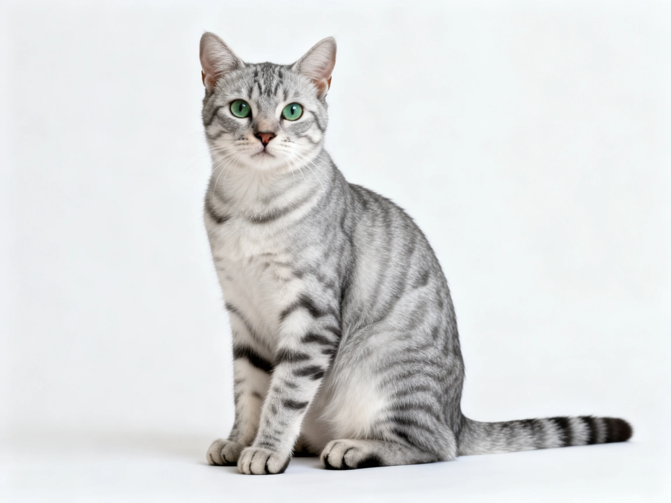 A silver tabby cat with green eyes sits calmly on a white backdrop.