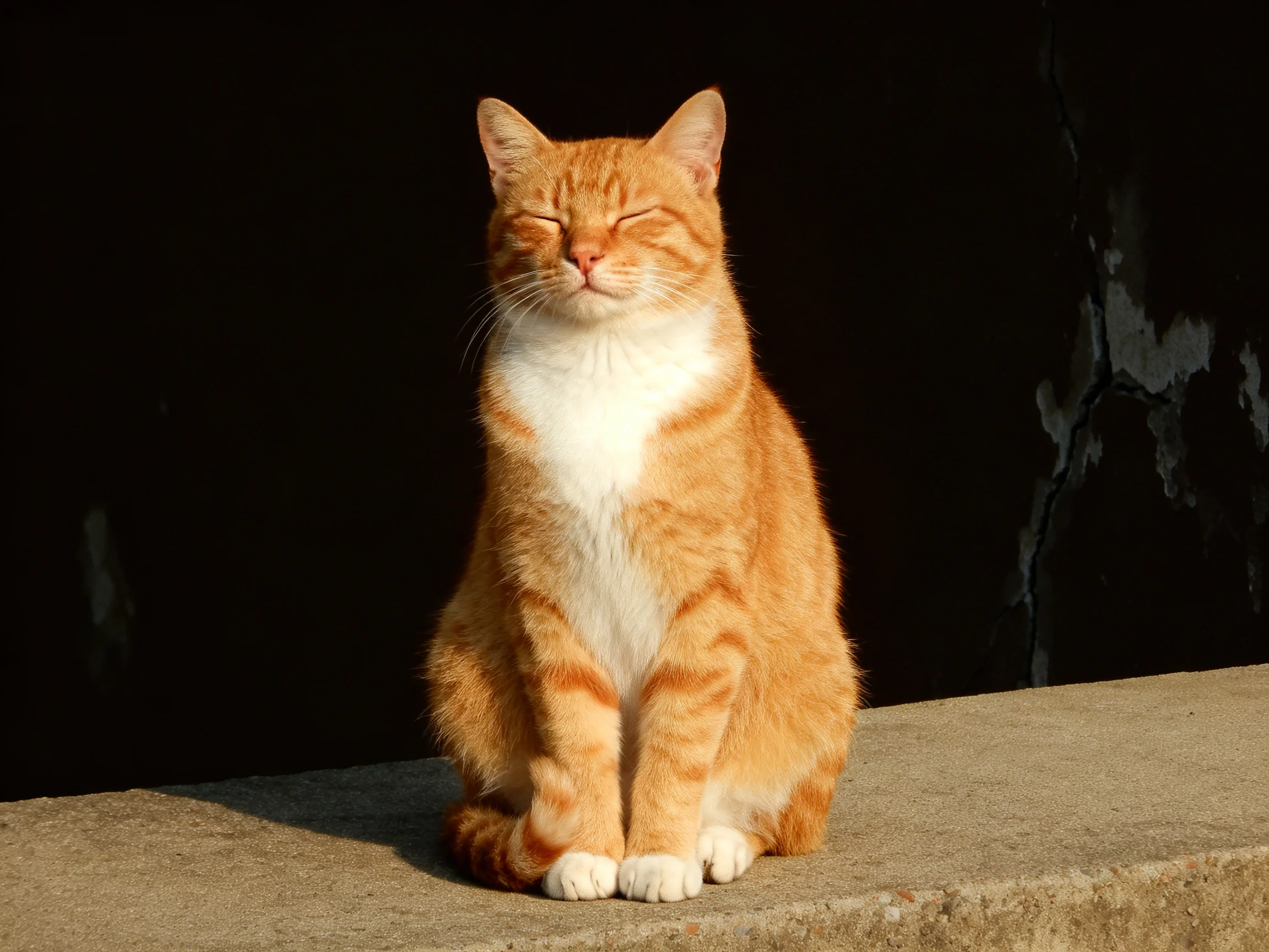 A single orange and white cat sits calmly on a concrete ledge