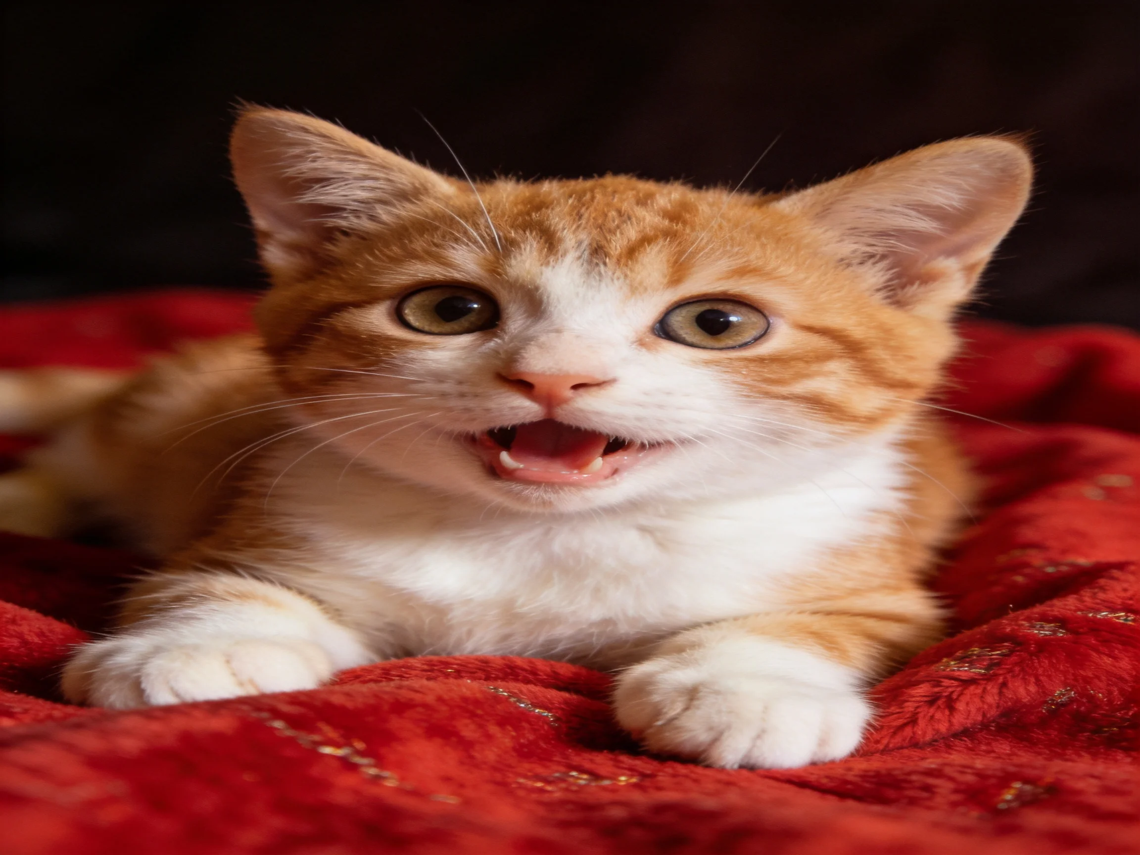 An orange and white kitten relaxes on a red fabric surface.