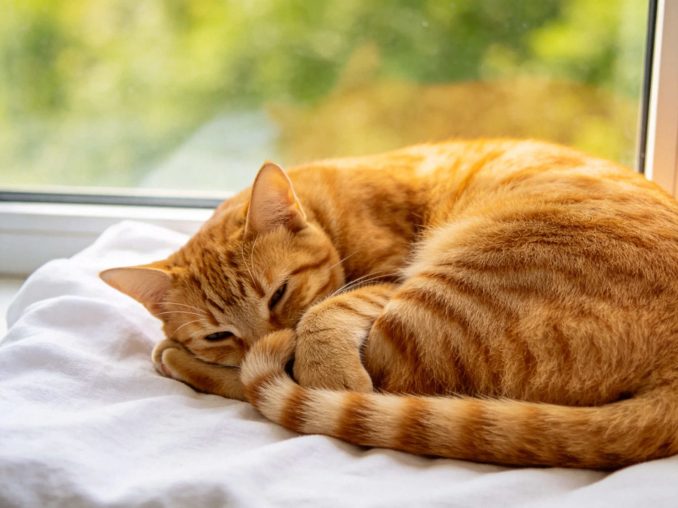 A single orange tabby cat curled on a white cushion by a sunlit window