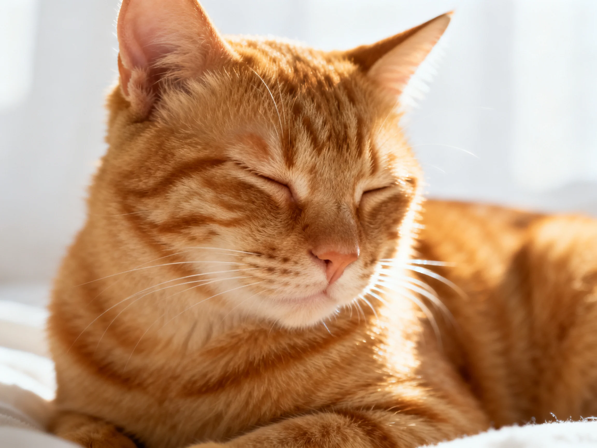 A single orange tabby cat resting on white fabric in bright sunlight