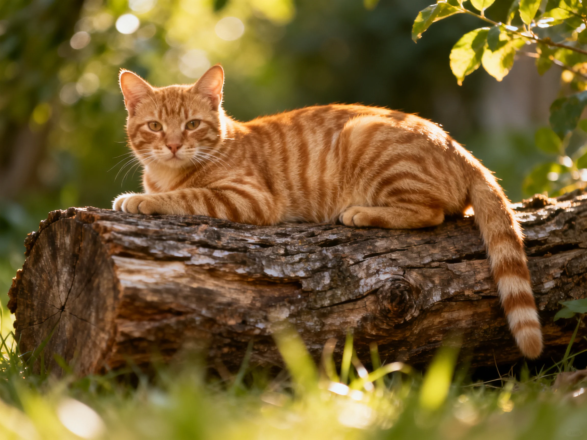A single orange tabby cat relaxes atop a log surrounded by greenery in bright sunlight.