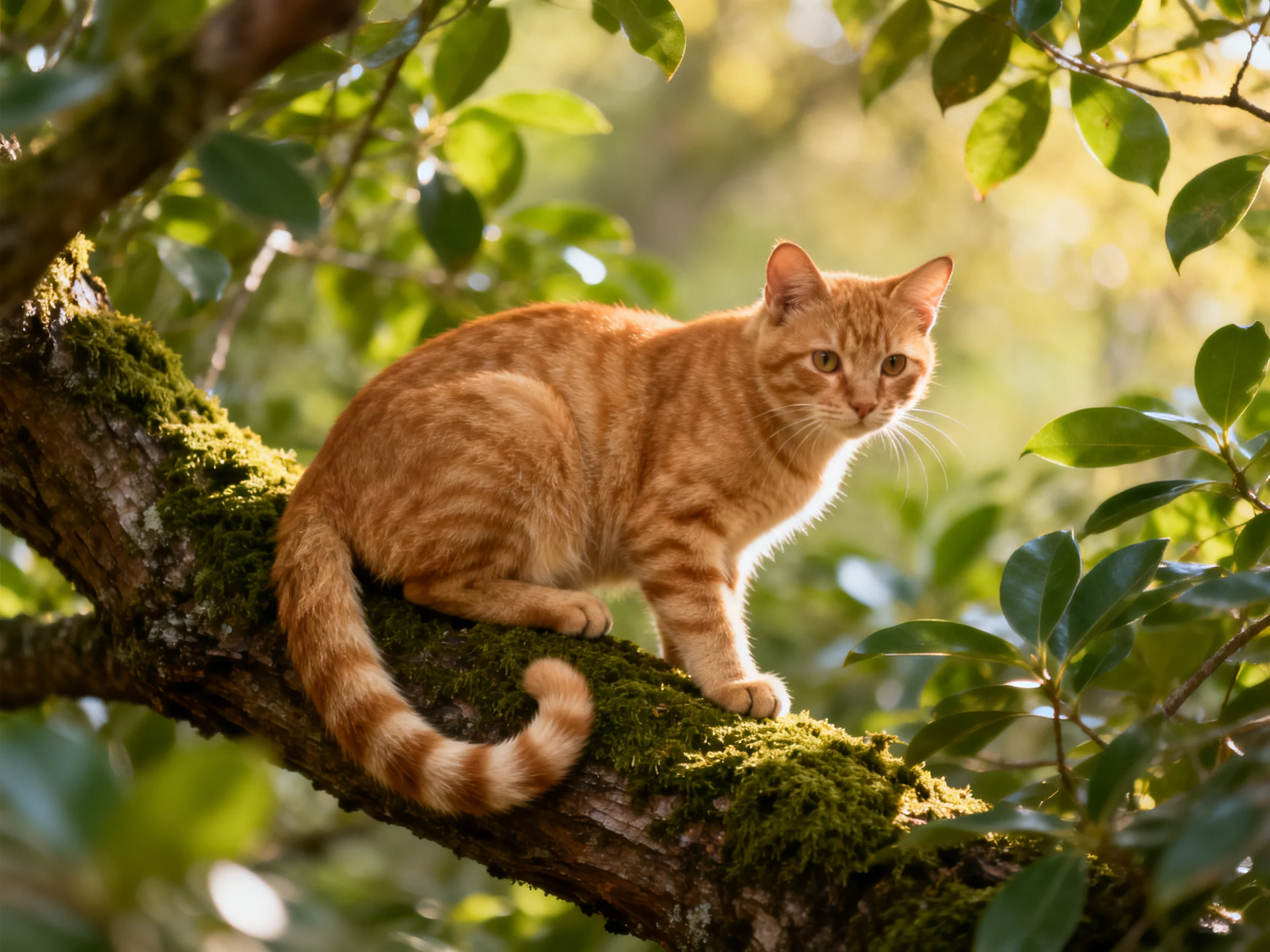 A single orange tabby cat sits on a mossy tree branch in a sunlit forest setting.