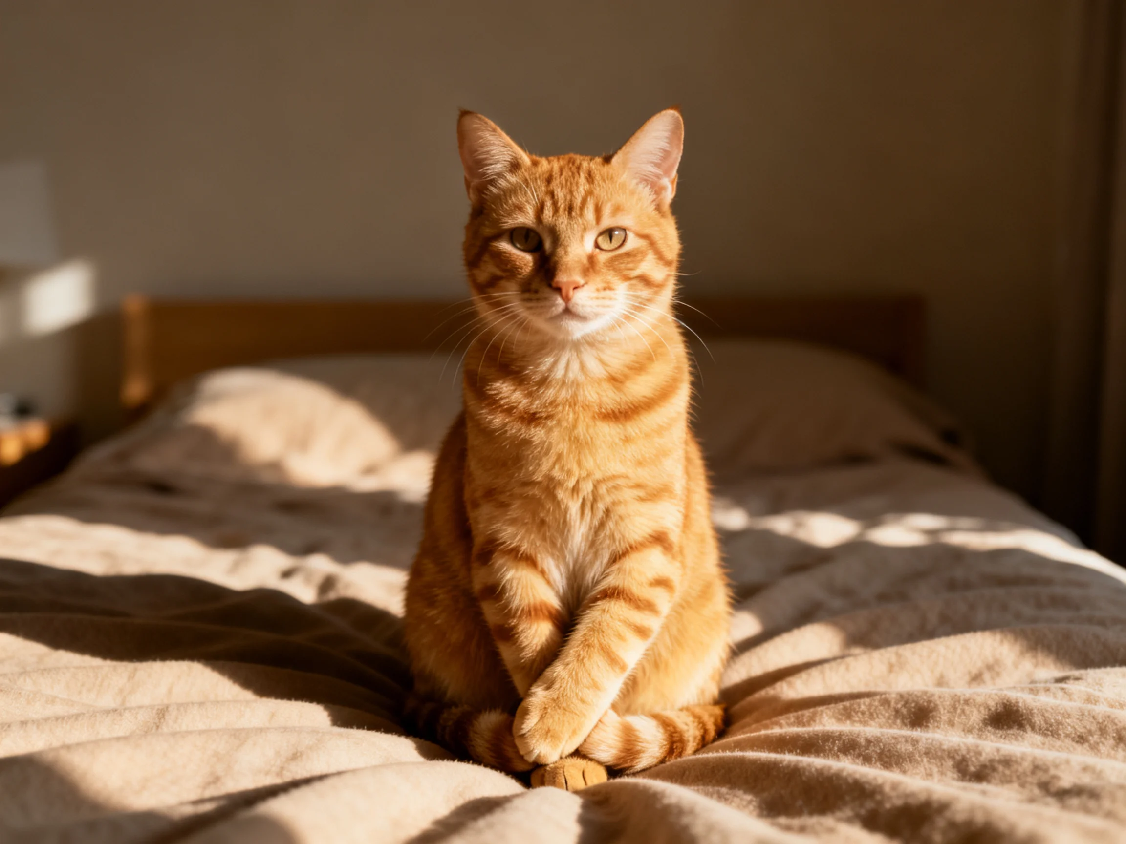 A single orange tabby cat sits on a bed with soft beige sheets in a sunlit room