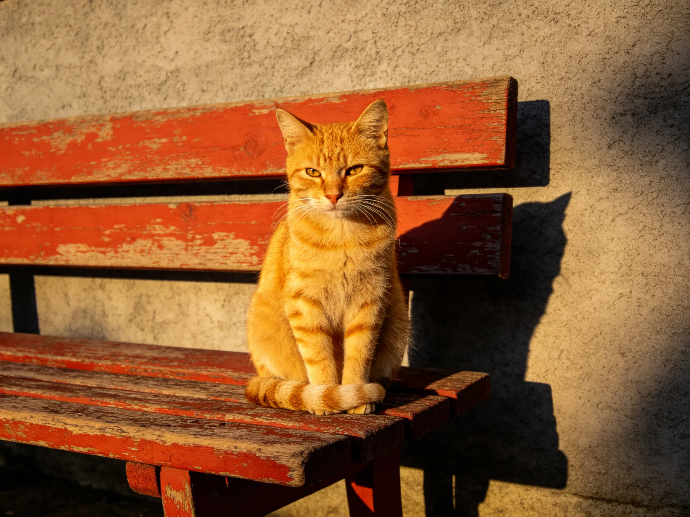 A single orange tabby cat rests on a worn red bench near a textured wall.