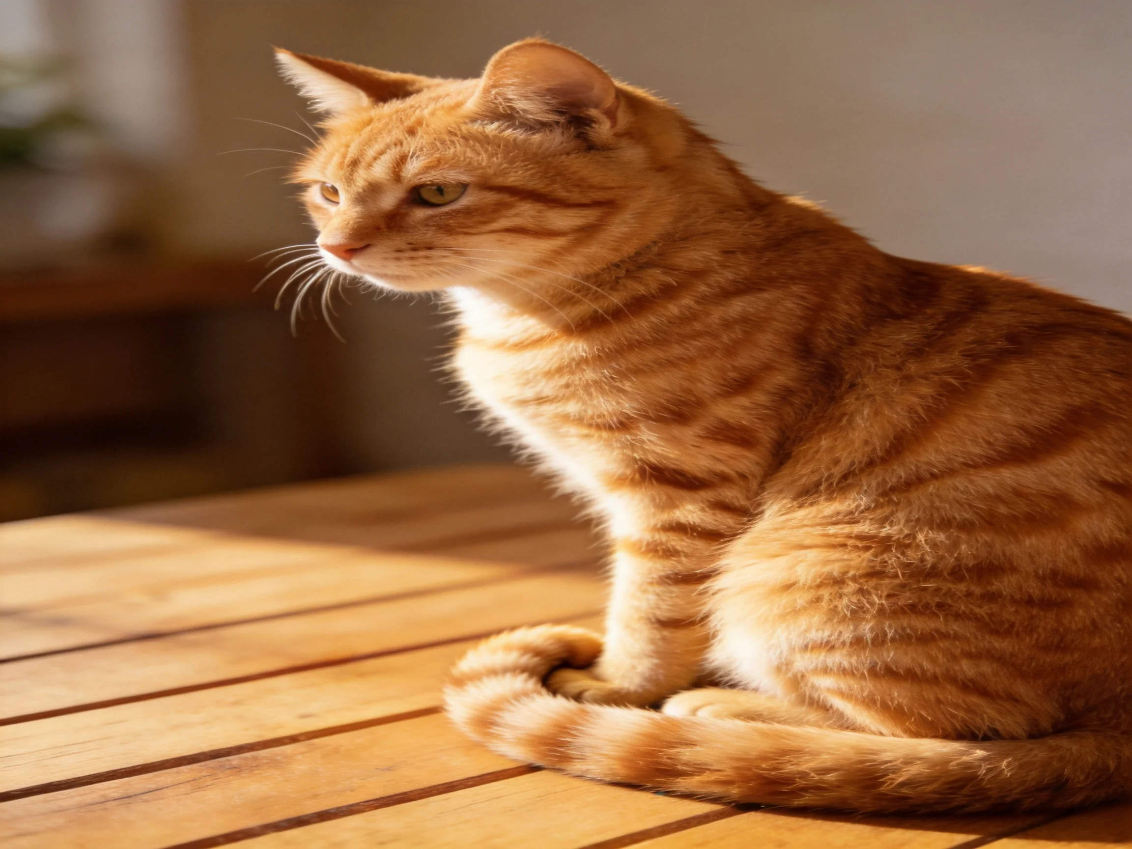 An orange tabby cat sits calmly on a sunlit wooden surface.