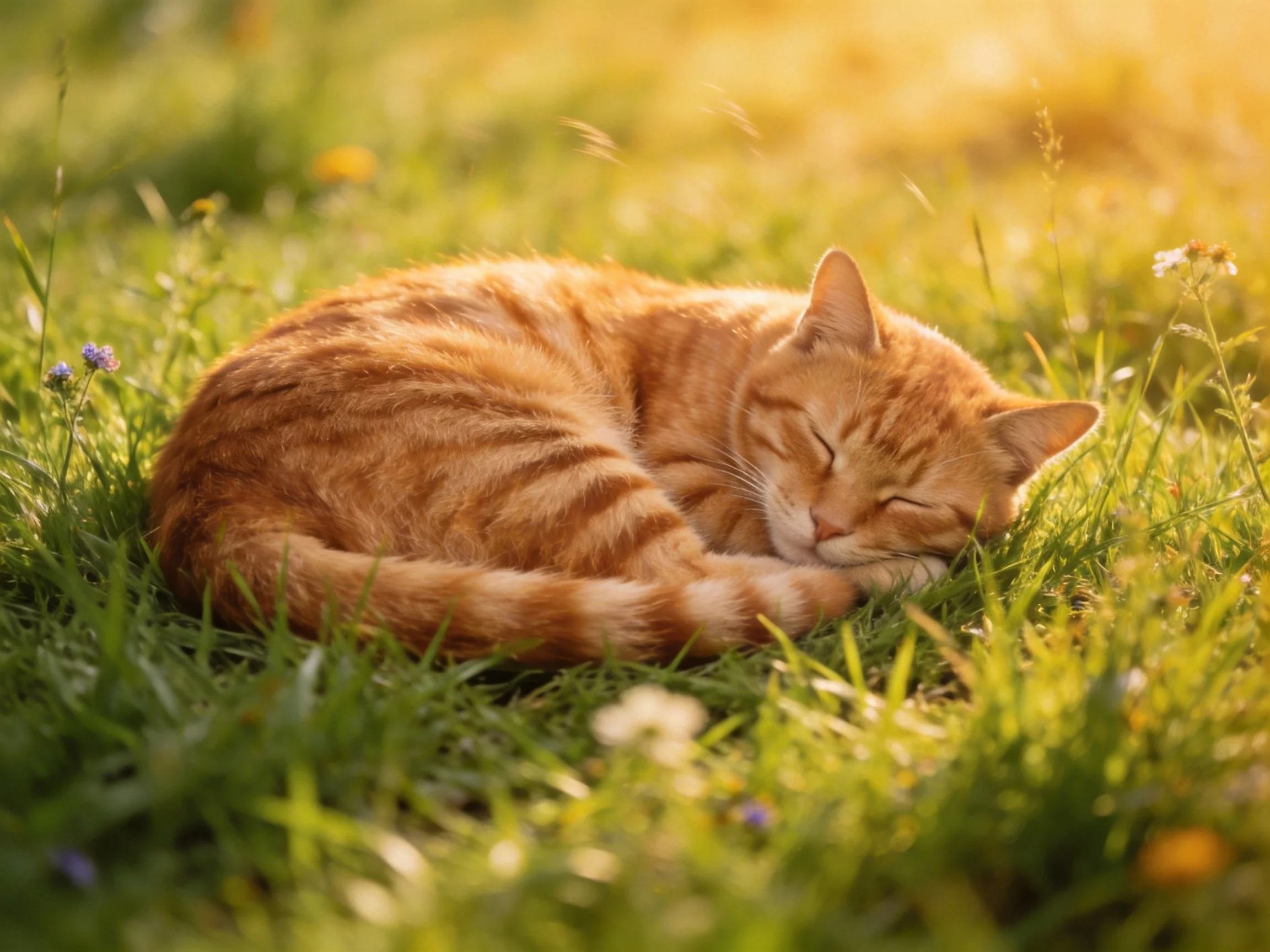 A single orange tabby cat sleeps curled in sun-drenched grass
