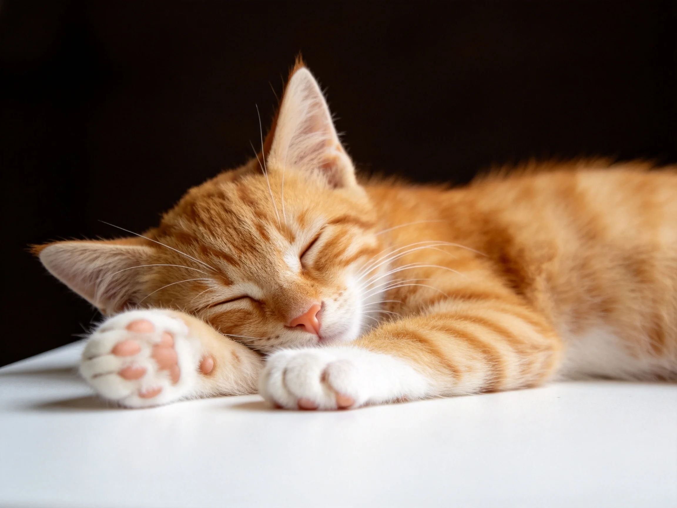 A single orange tabby kitten sleeps on a white surface