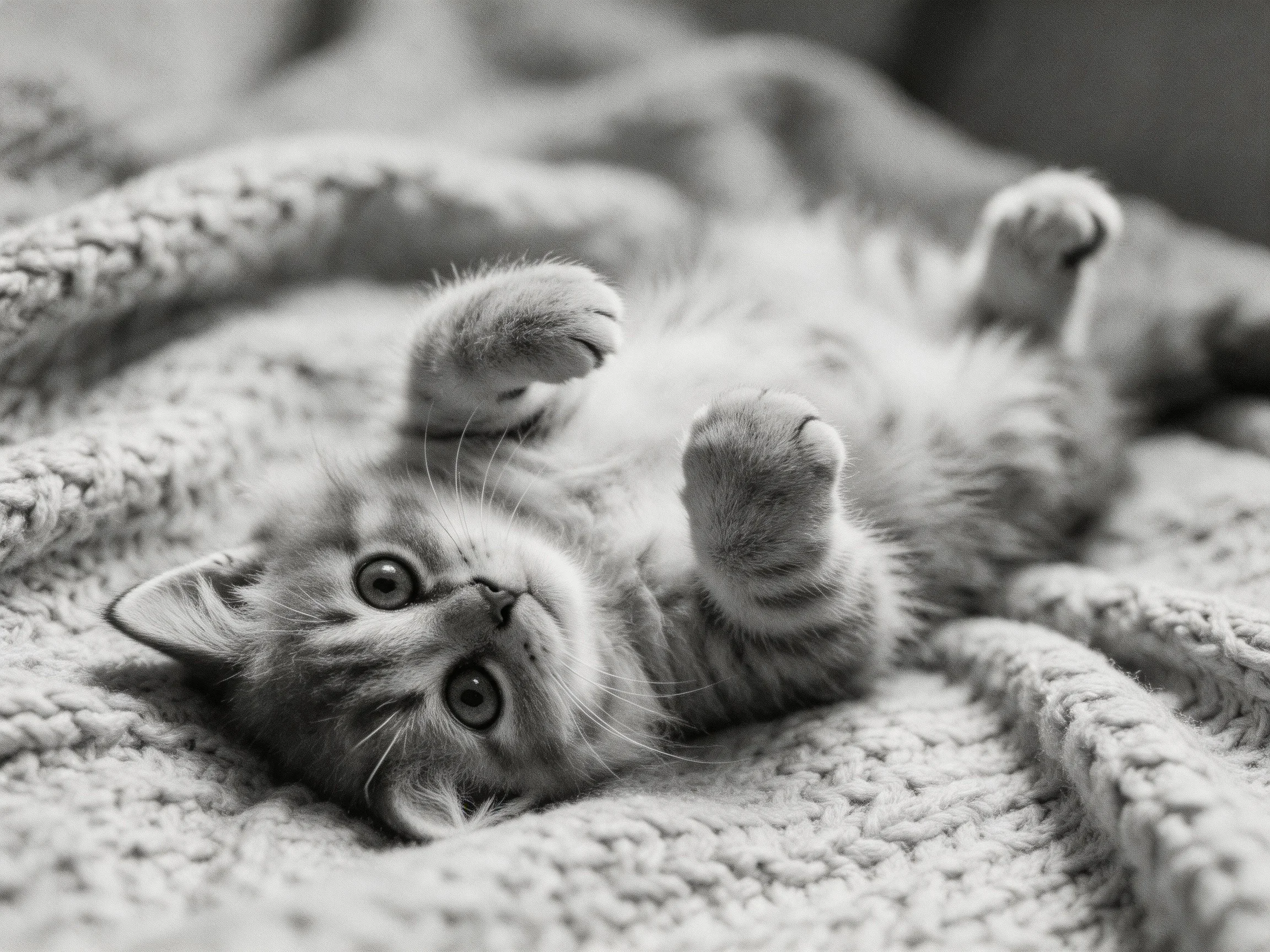 A single tabby kitten plays on a knitted blanket in black and white