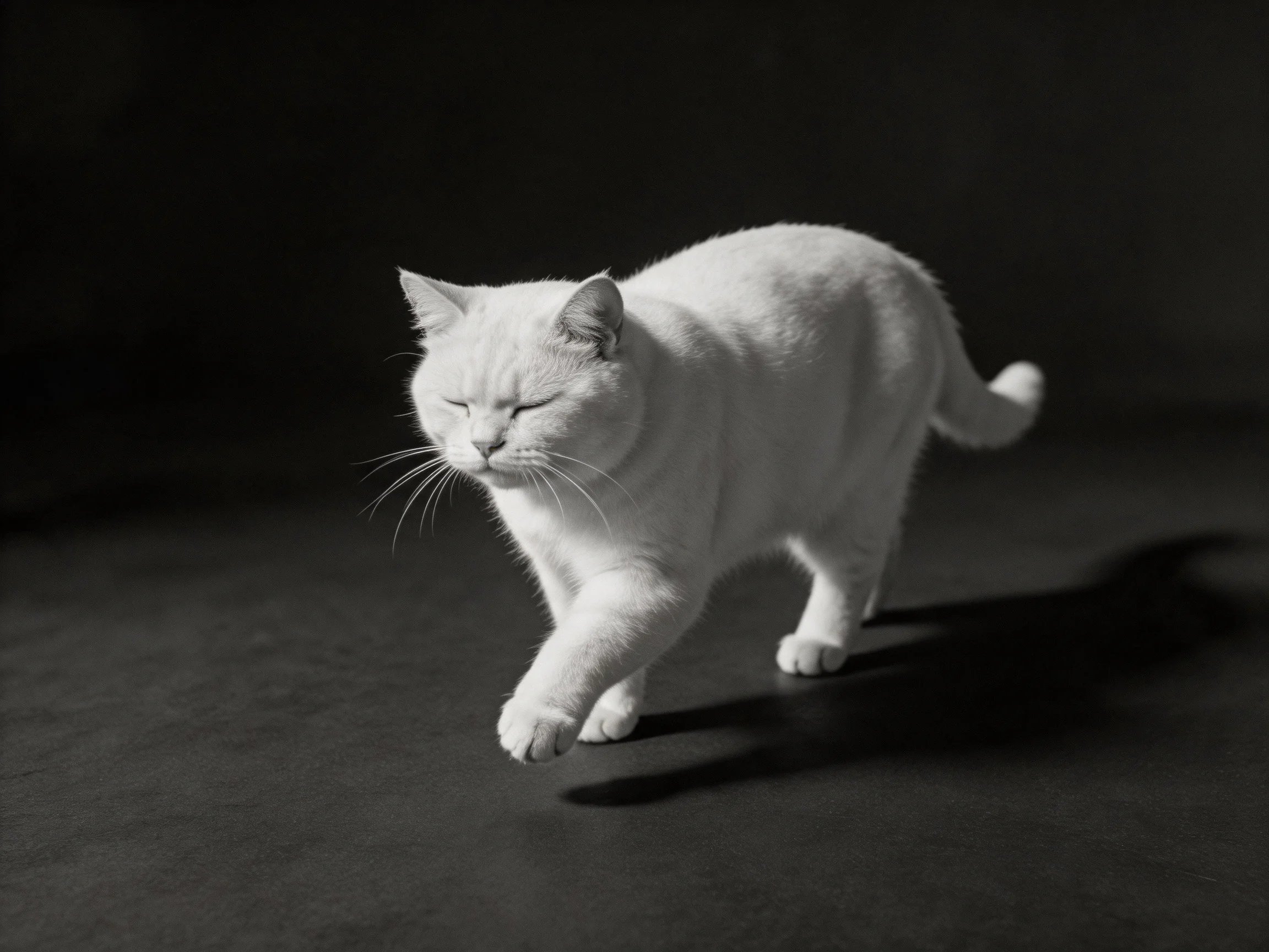 A single white cat walks gracefully against a dark backdrop