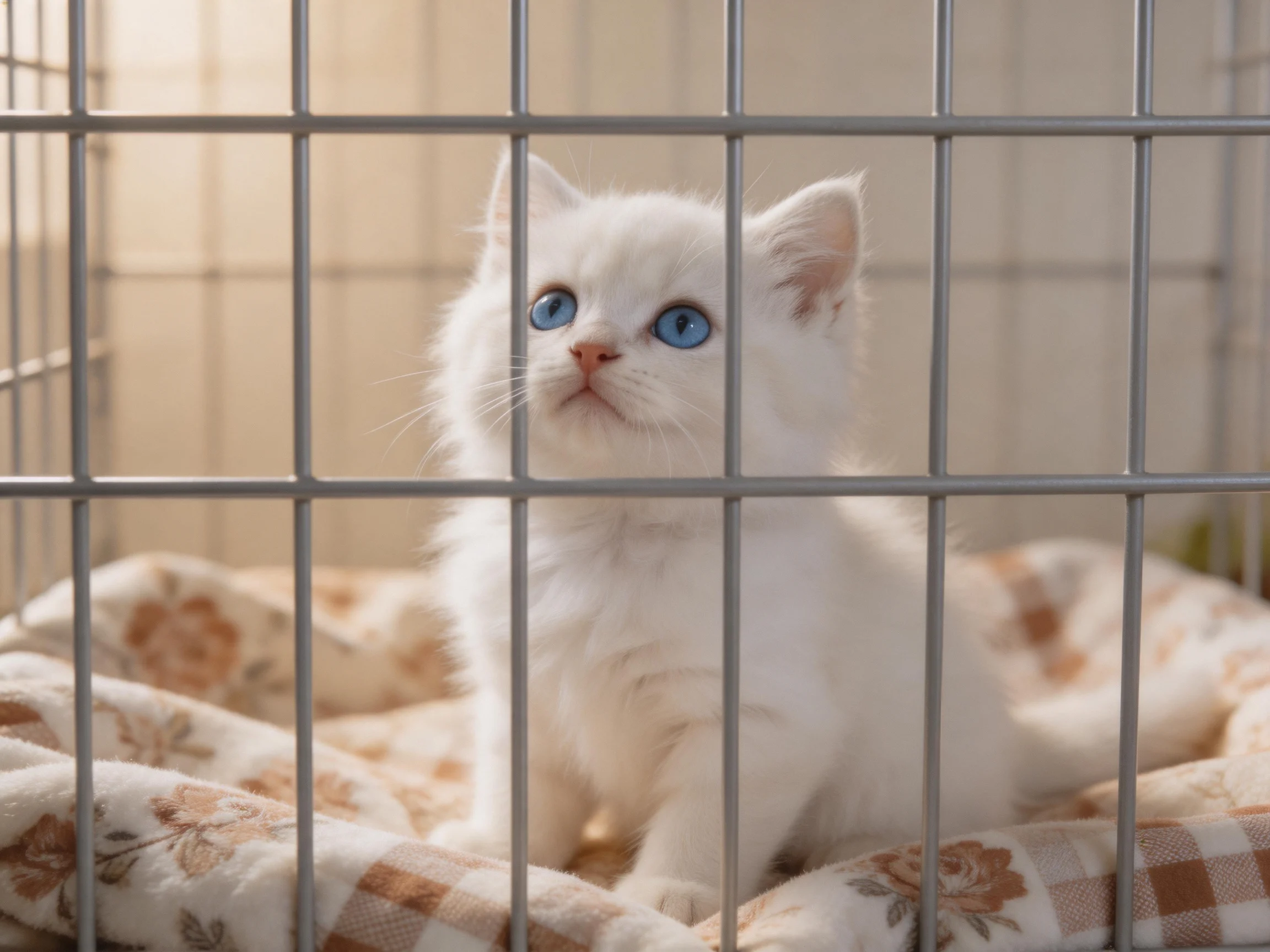 A single white kitten with bright blue eyes sits in a metal cage
