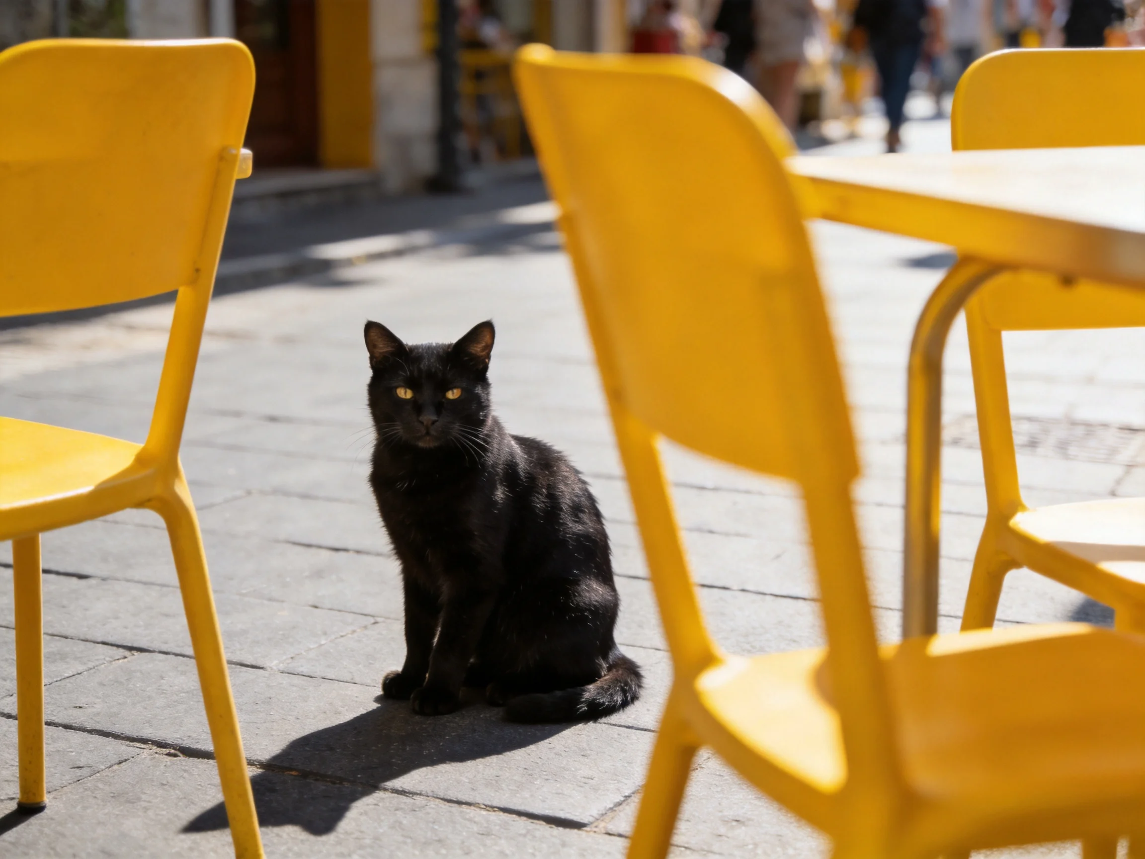 A black cat sits among yellow chairs on a sunlit street.