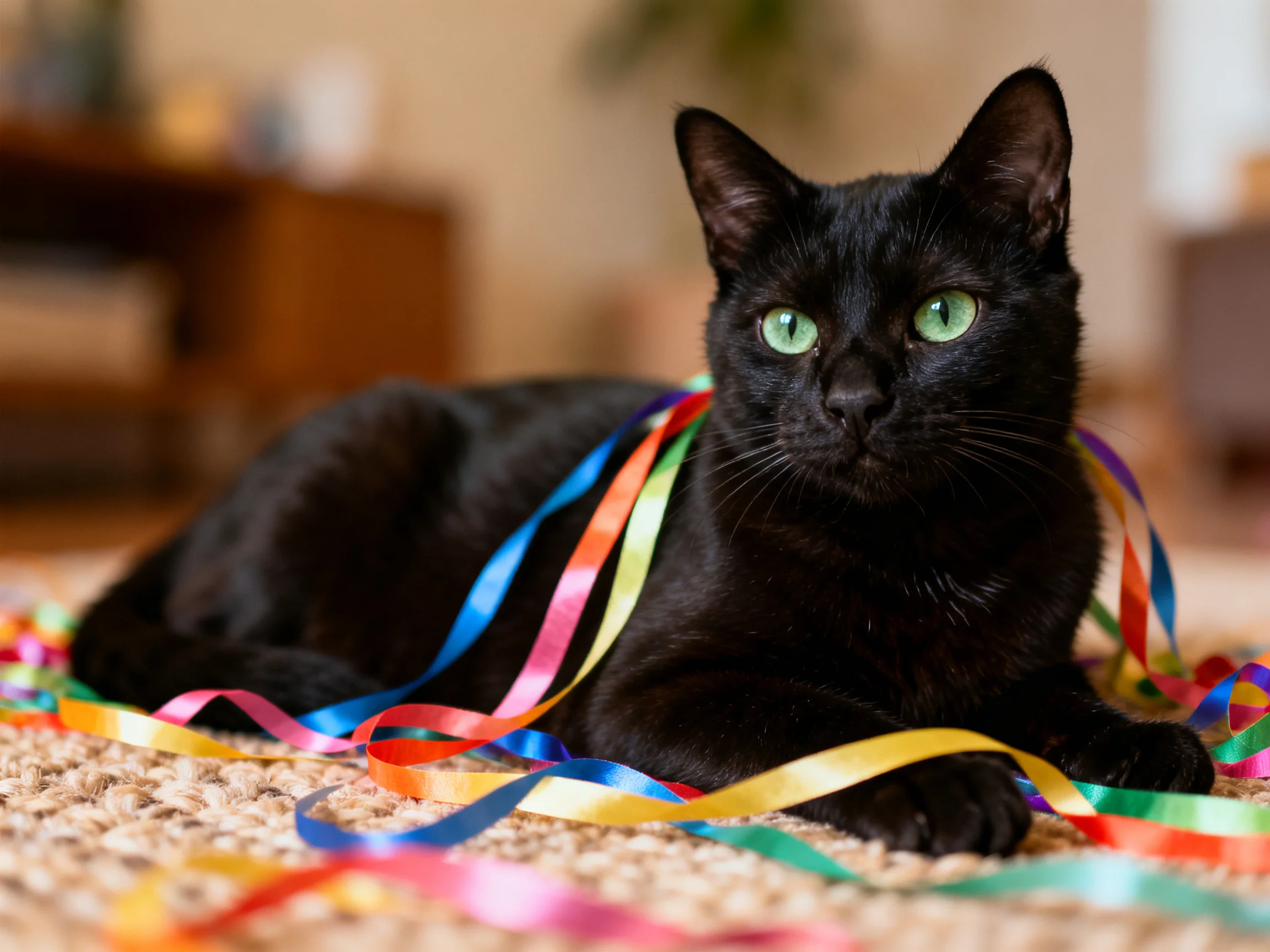 A sleek black cat entangled in bright multicolor streamers