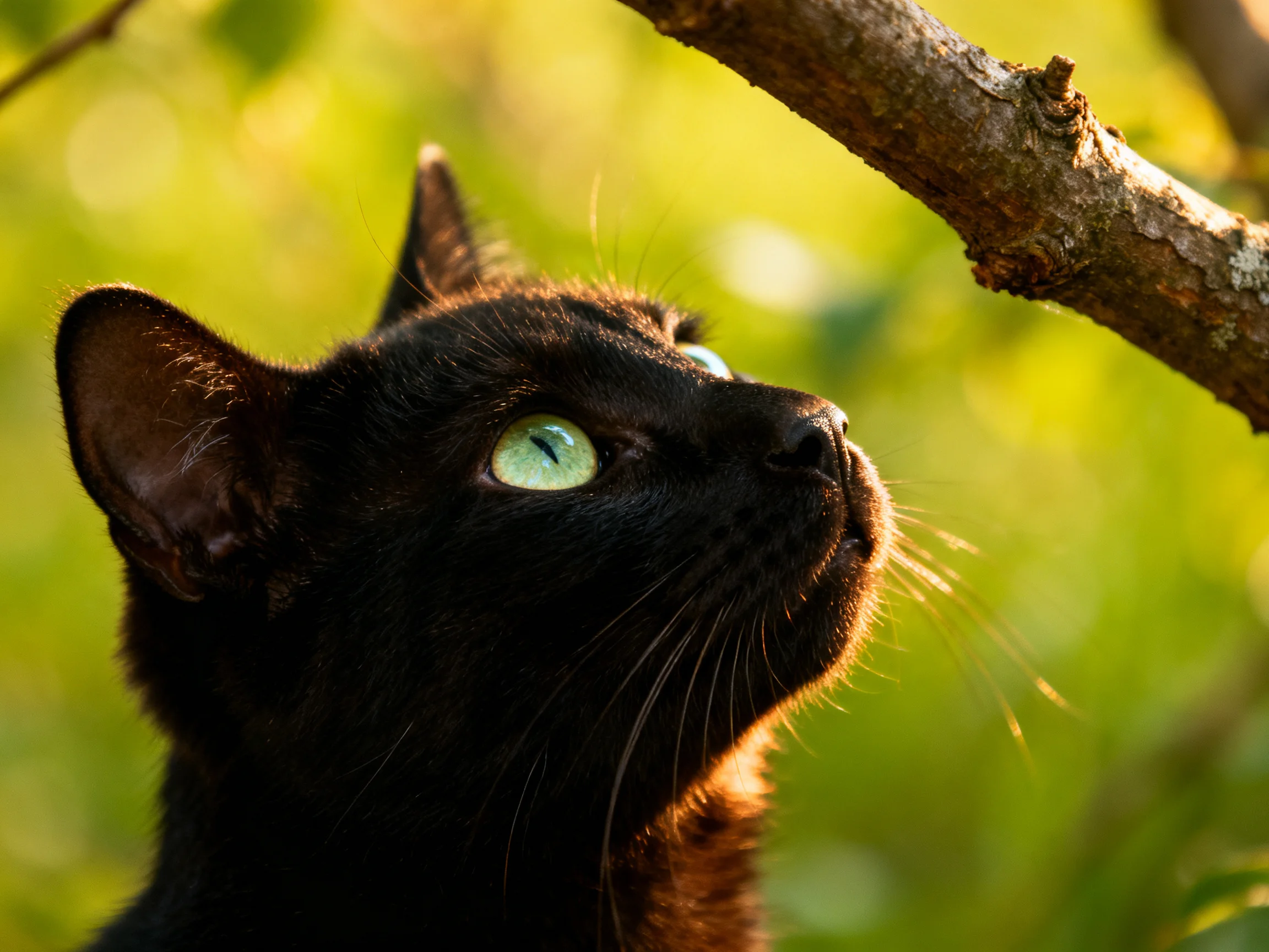 A sleek black cat gazes upward toward a brown tree branch with green foliage