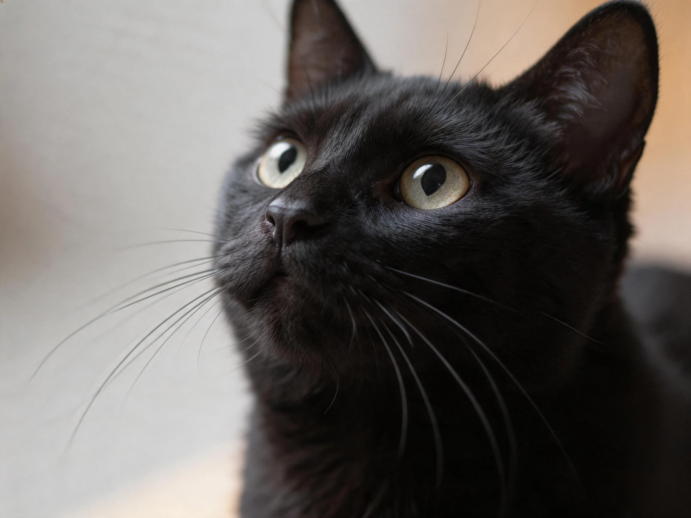 A sleek black cat gazes upward with bright eyes