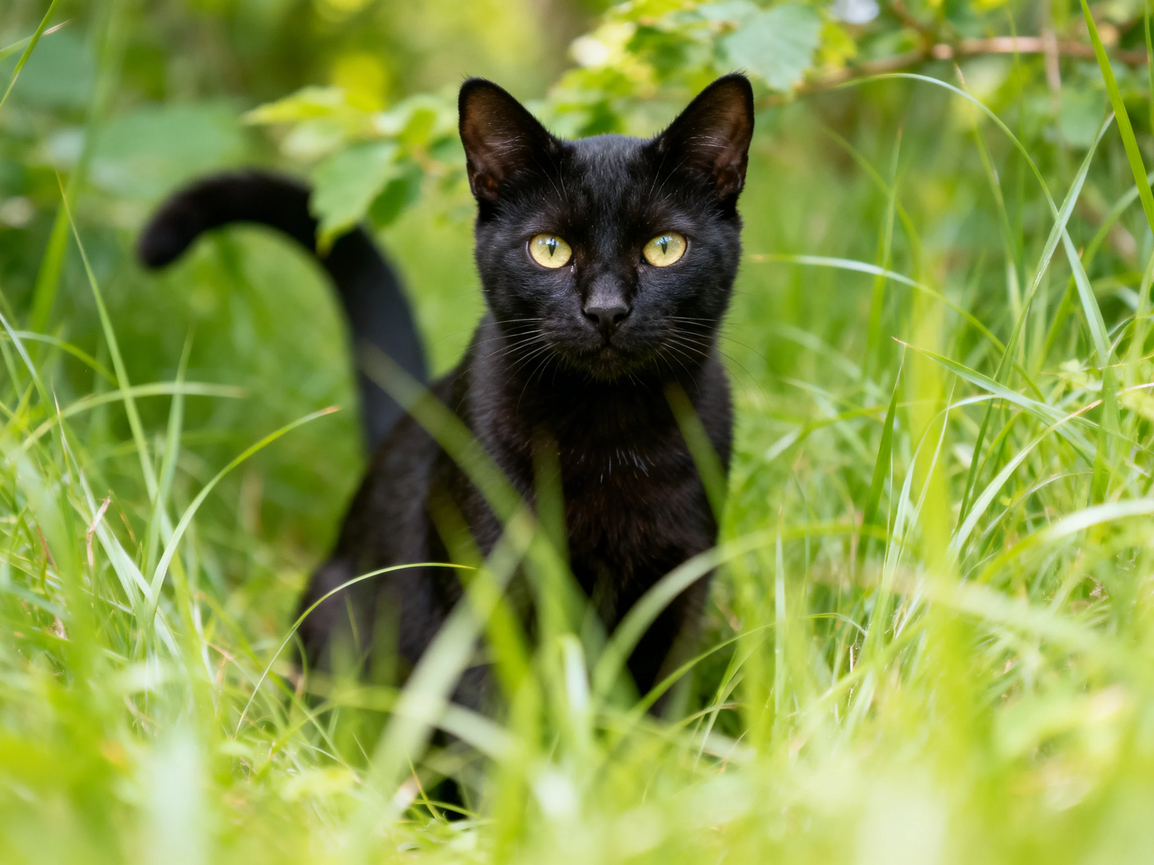 A sleek black cat hides in tall, lush green grass