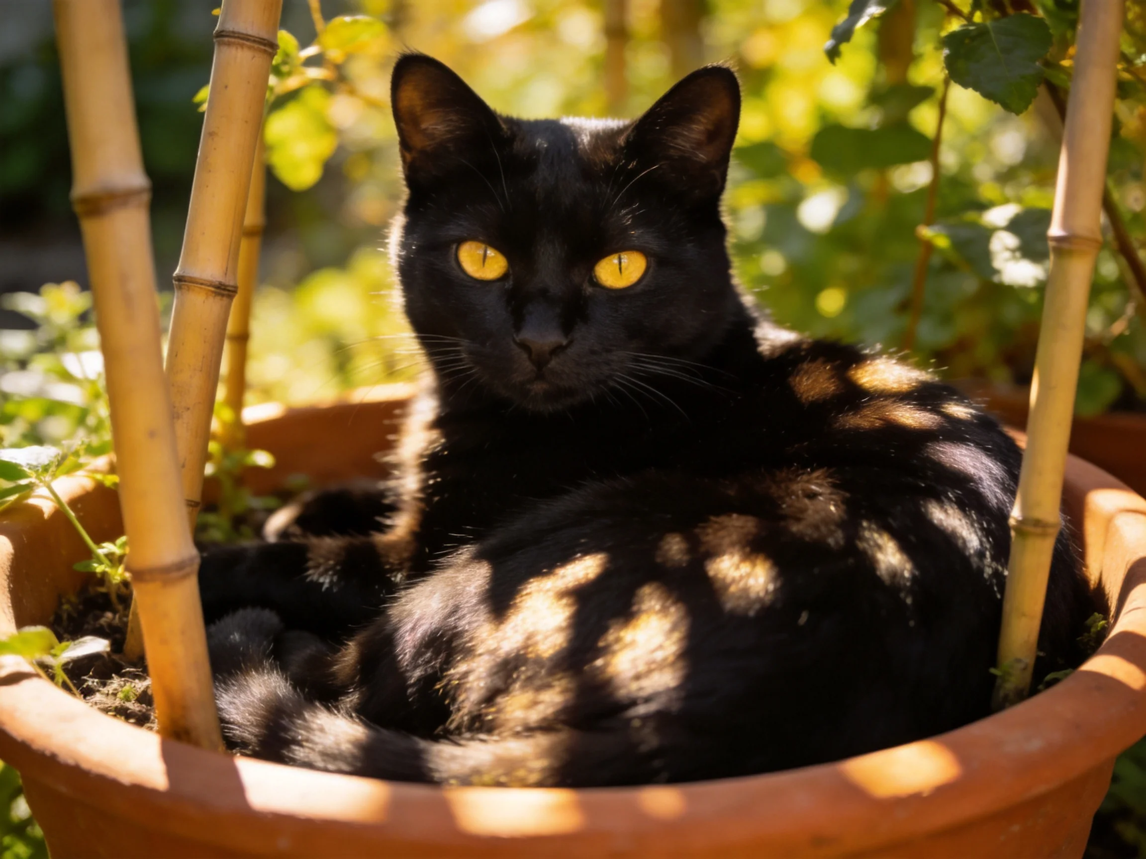 A sleek black cat lounges in a terracotta pot with bamboo and greenery