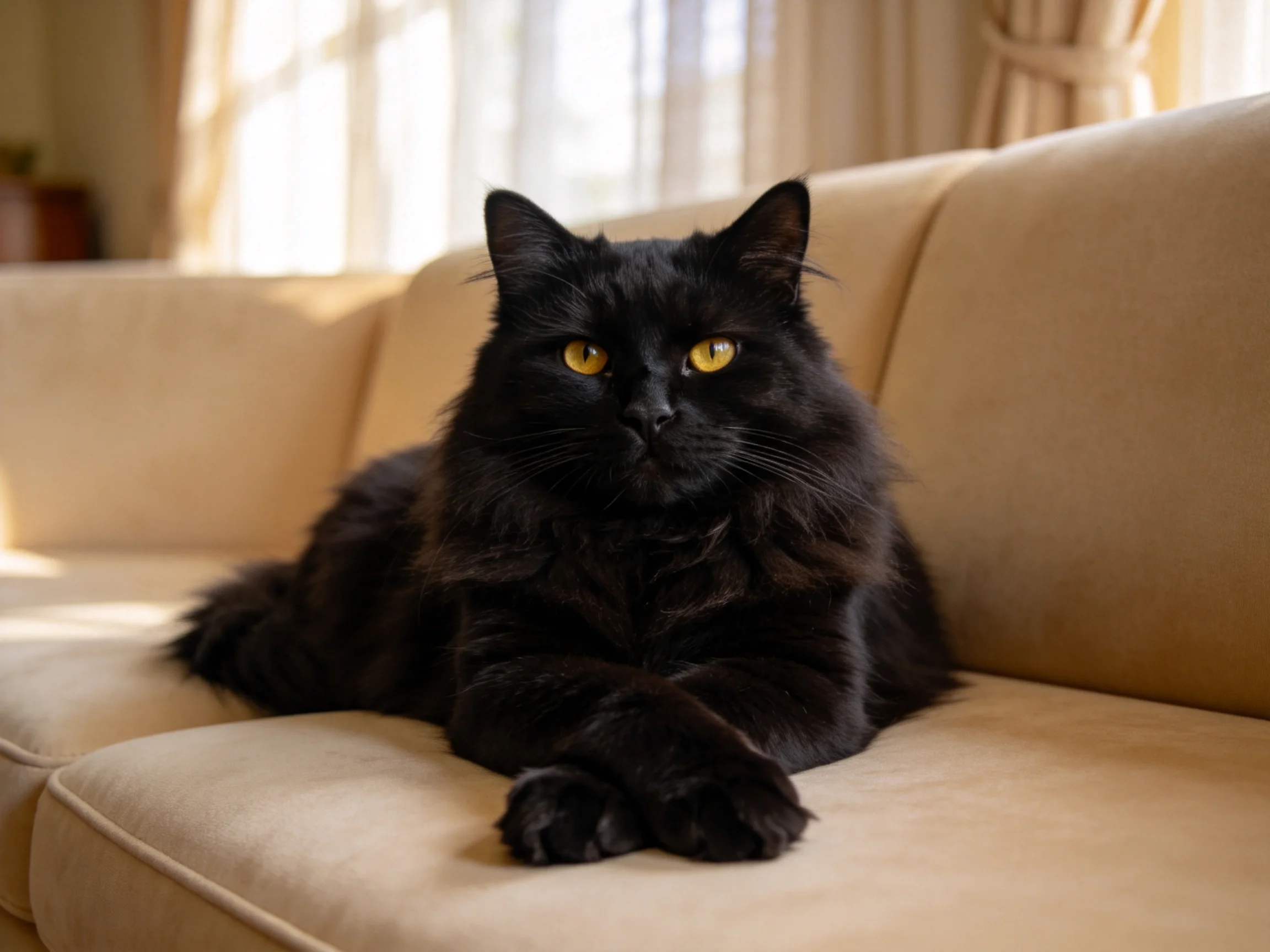 A black cat relaxes on a beige sofa in a sunlit room.