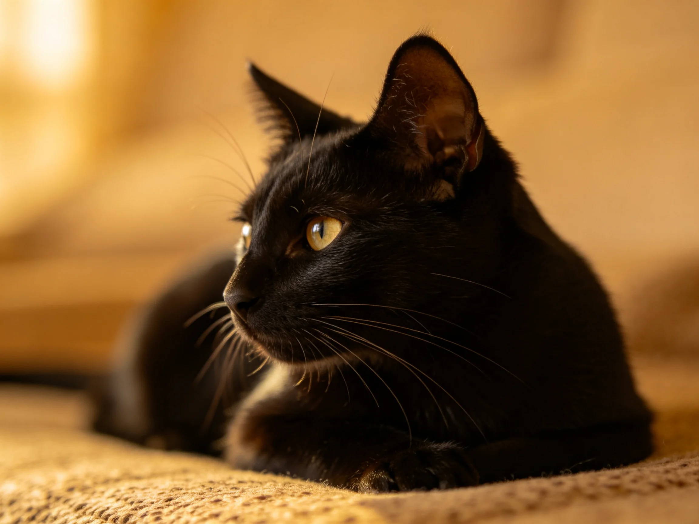 A sleek black cat rests on soft fabric in a warmly lit space.