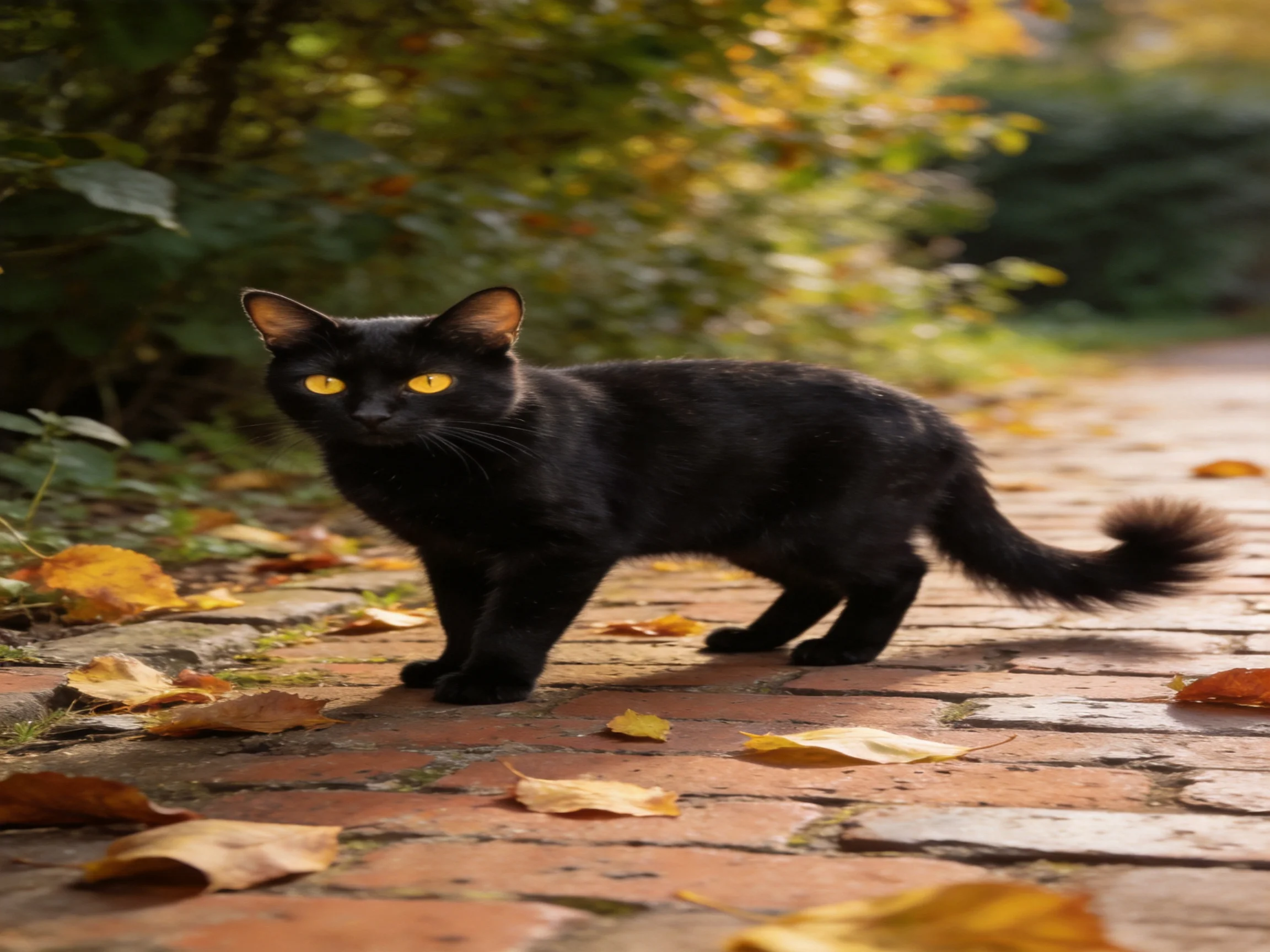 A black cat walks on a brick path with autumn leaves.