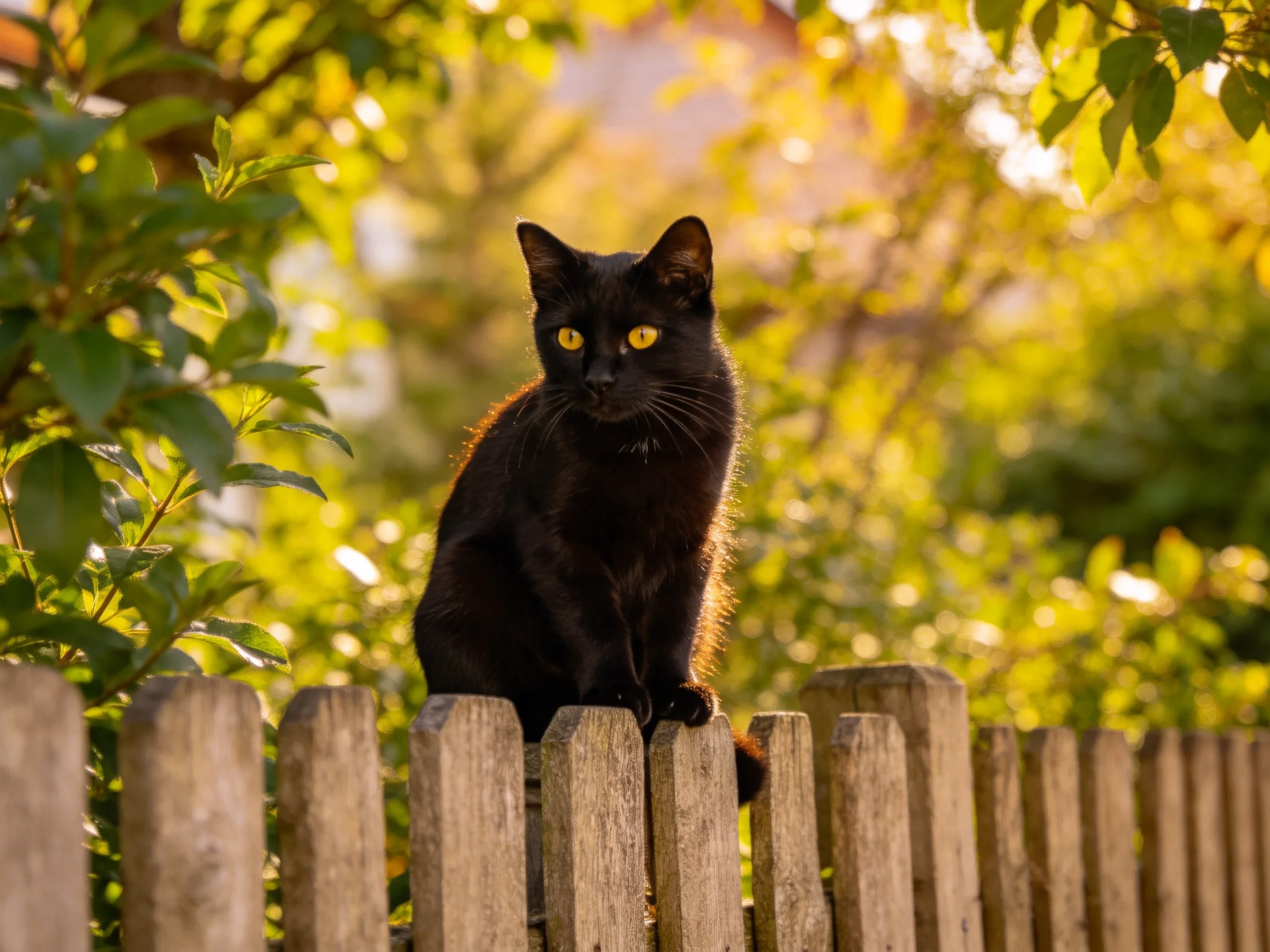 A black cat sits on a wooden fence surrounded by greenery