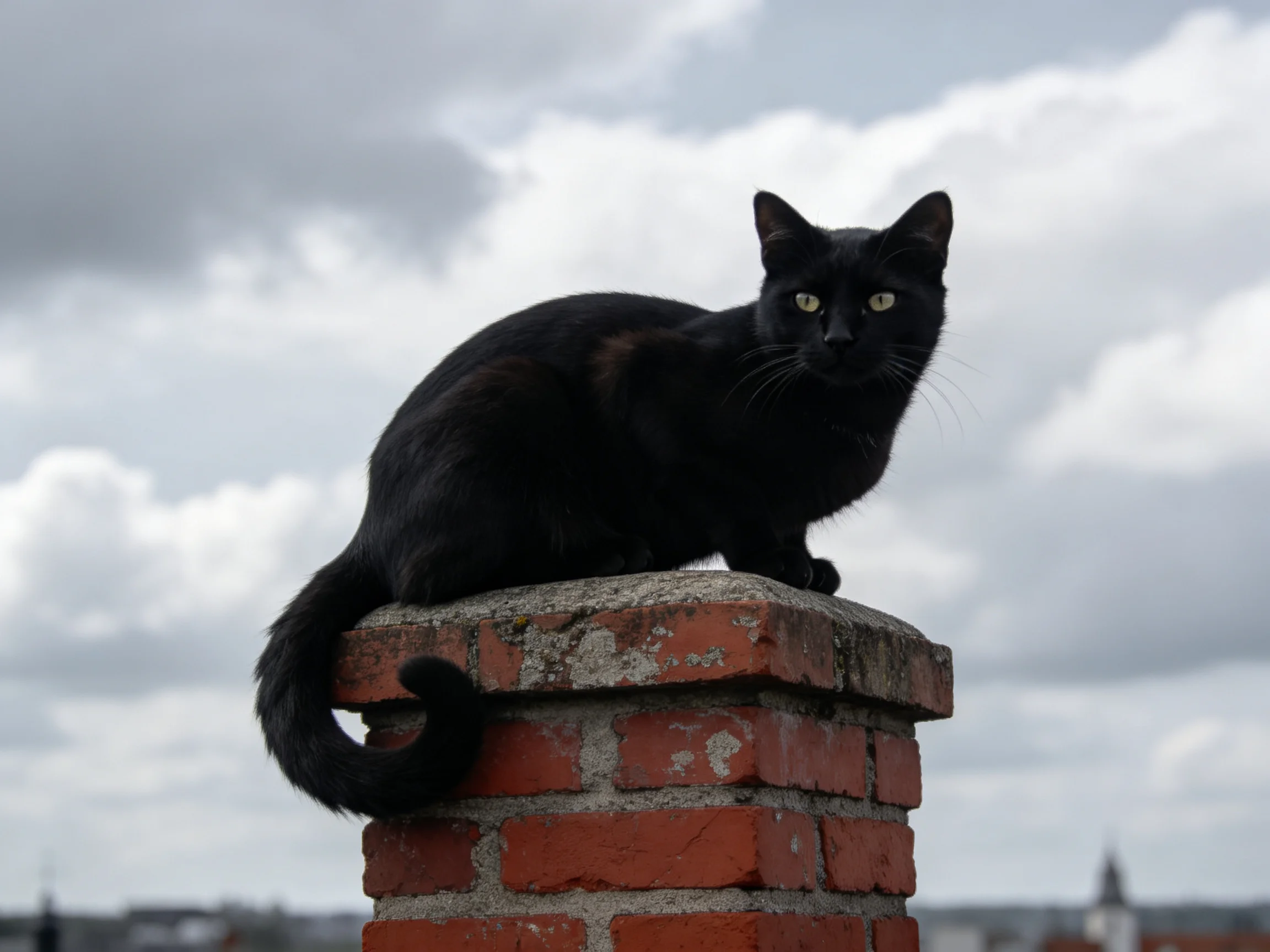 A black cat sits alertly on a weathered brick chimney amid a cloudy sky.