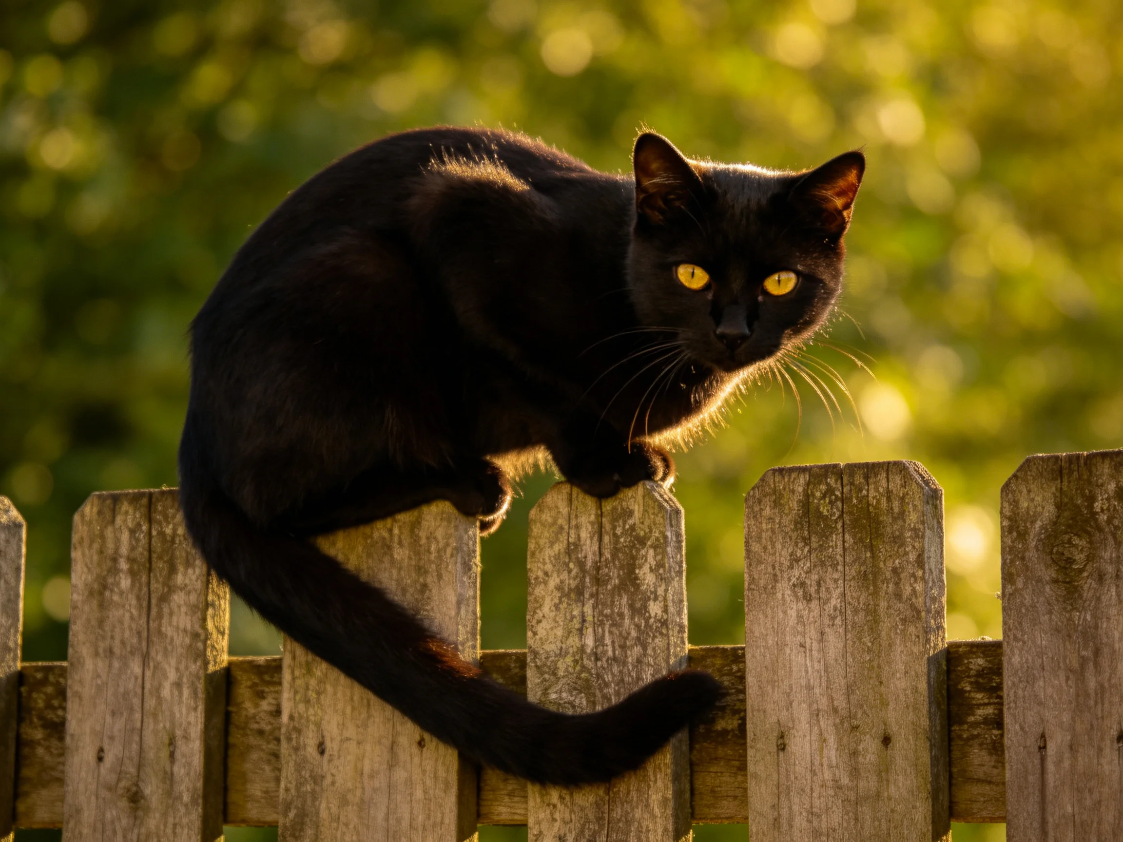 A black cat sits alertly on a weathered wooden fence under golden sunlight.