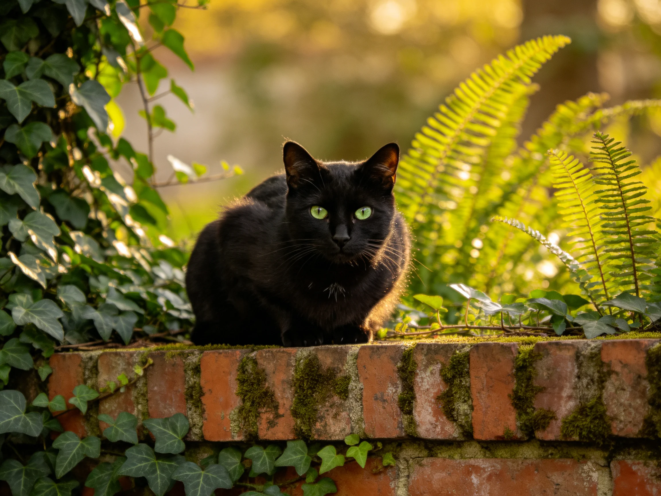 A sleek black cat perched on a moss-covered aged brick ledge