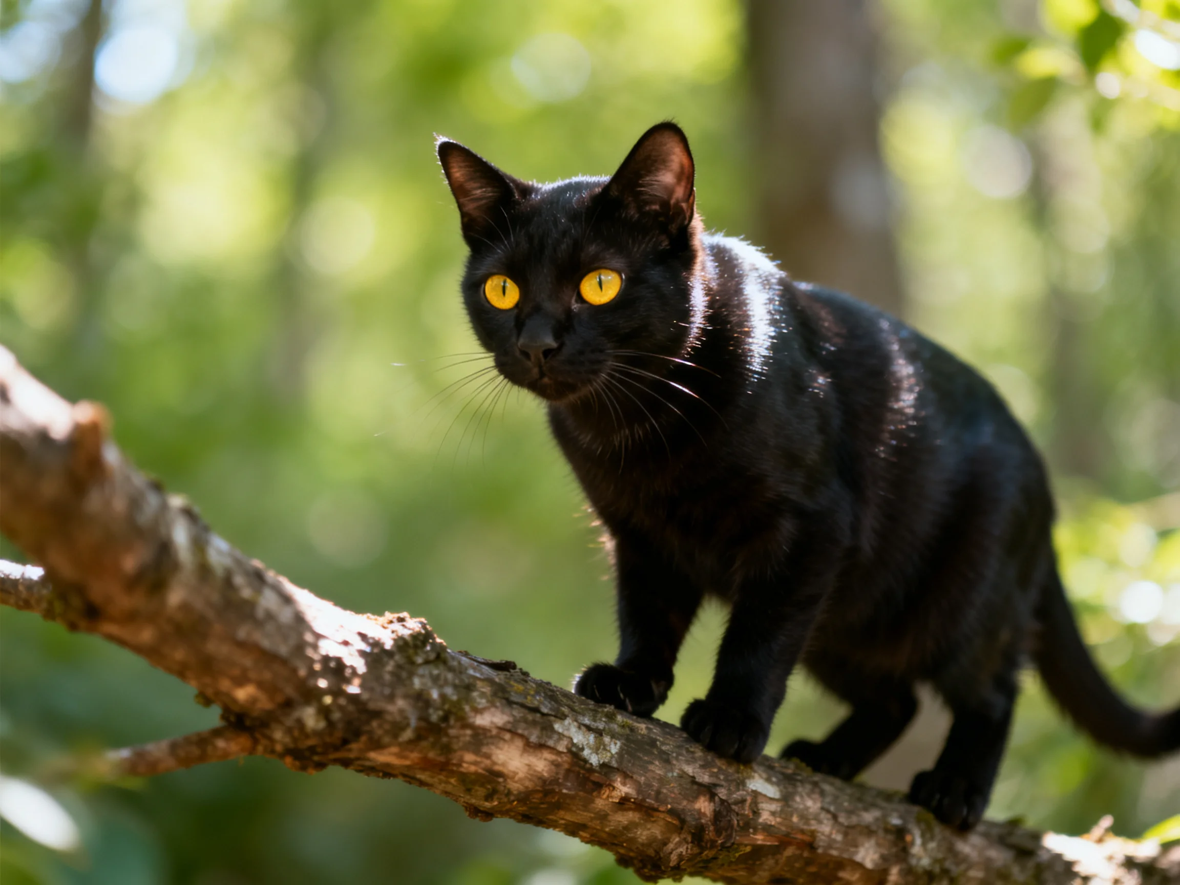 A sleek black cat perches on a gnarled tree branch amid sun-dappled foliage