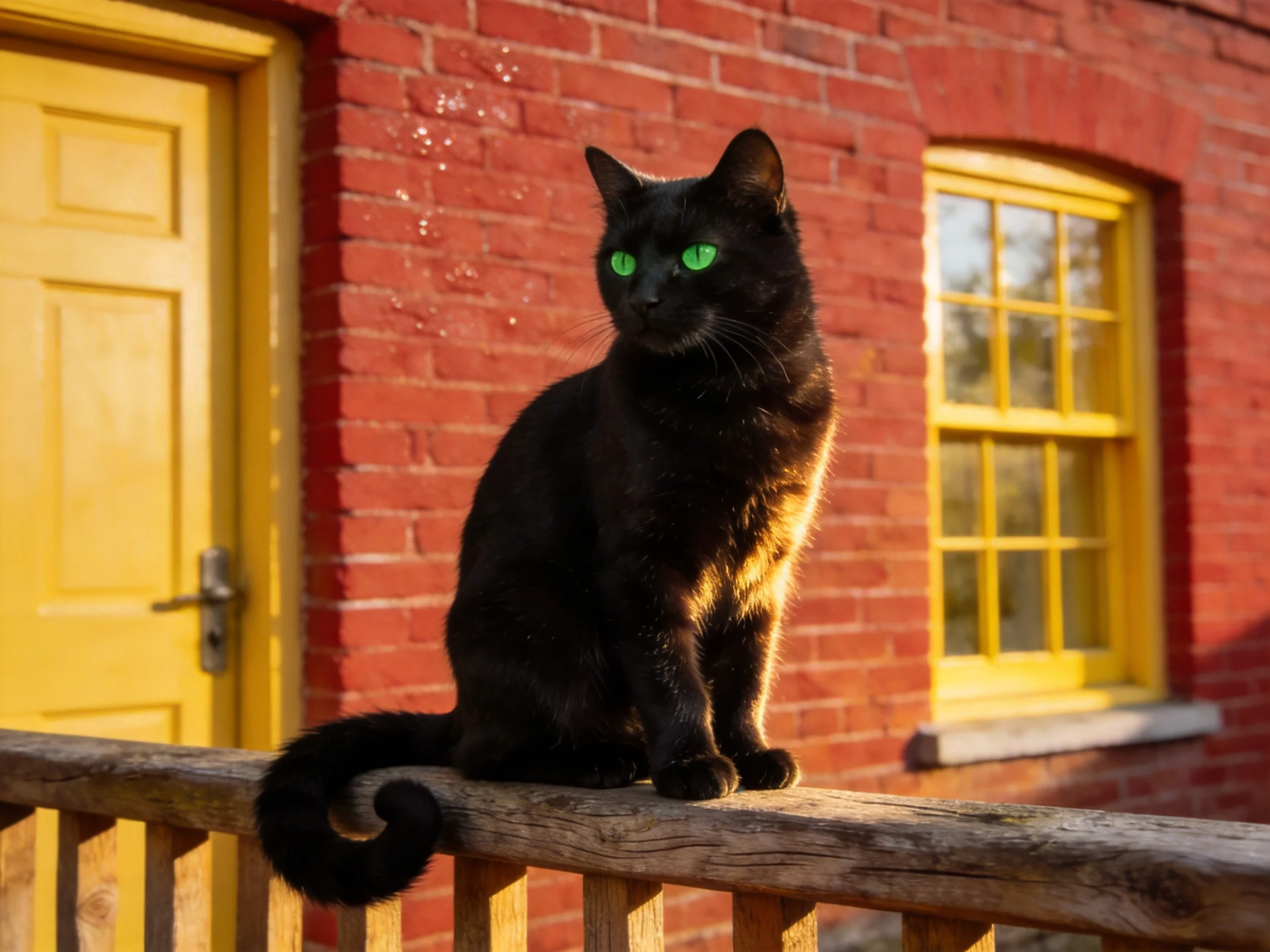 A black cat sits on a wooden railing next to a red brick building with yellow accents.
