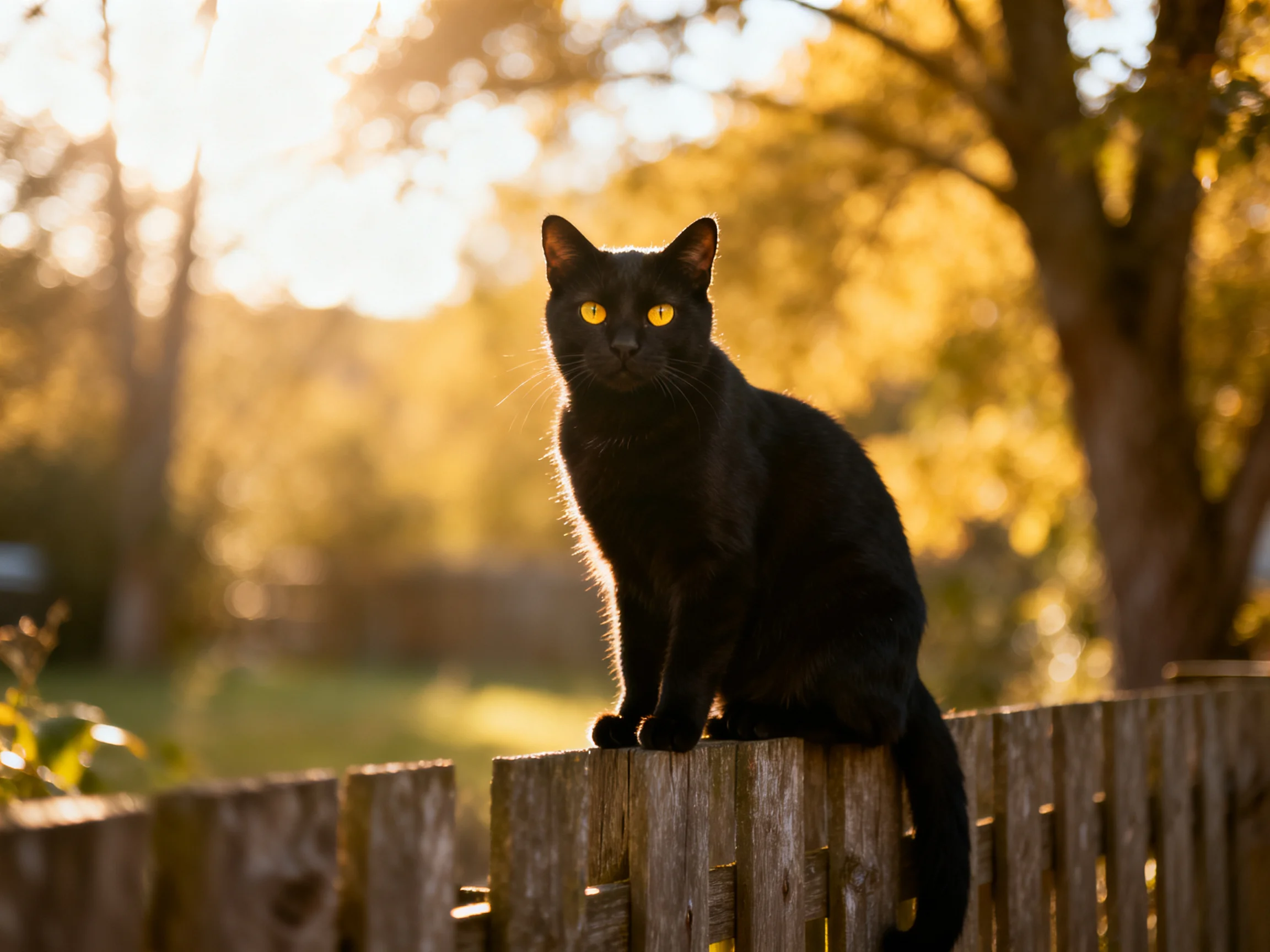 A black cat sits atop a weathered wooden fence in a sunlit outdoor environment.