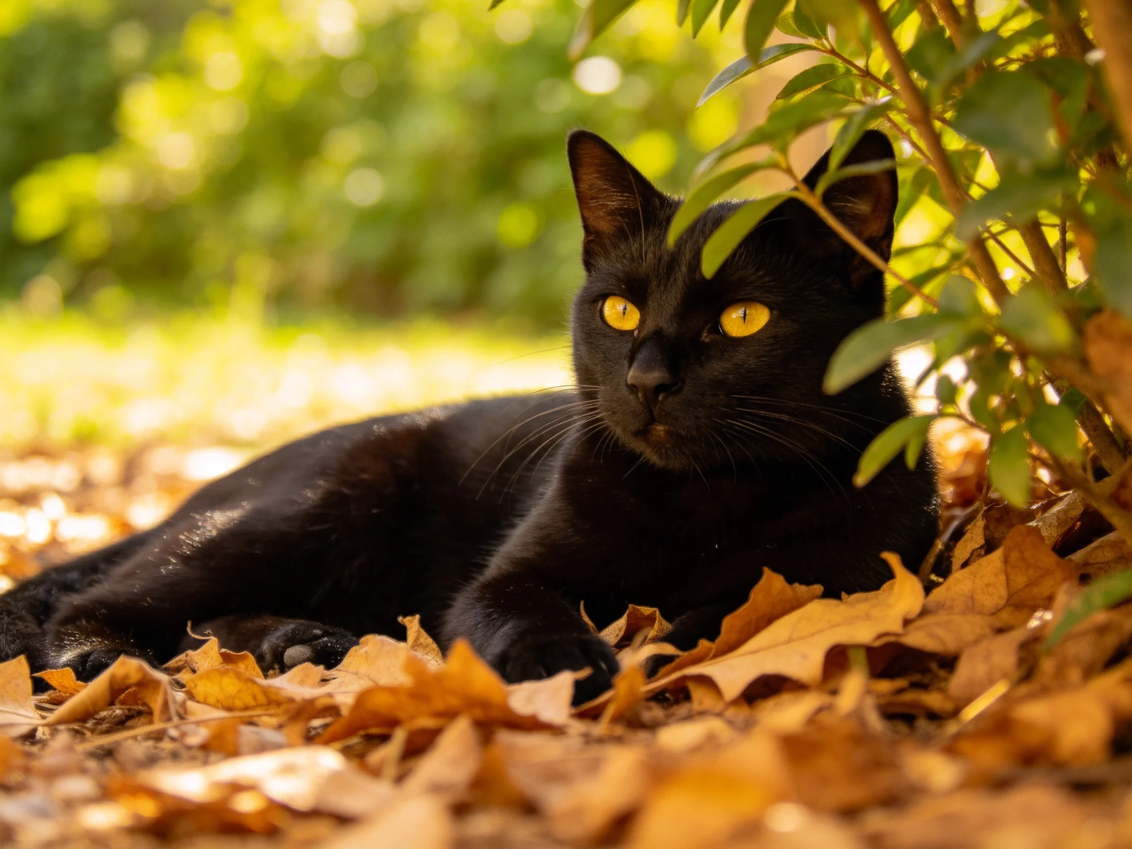A black cat with yellow eyes relaxes among golden autumn leaves in a sunlit outdoor setting.