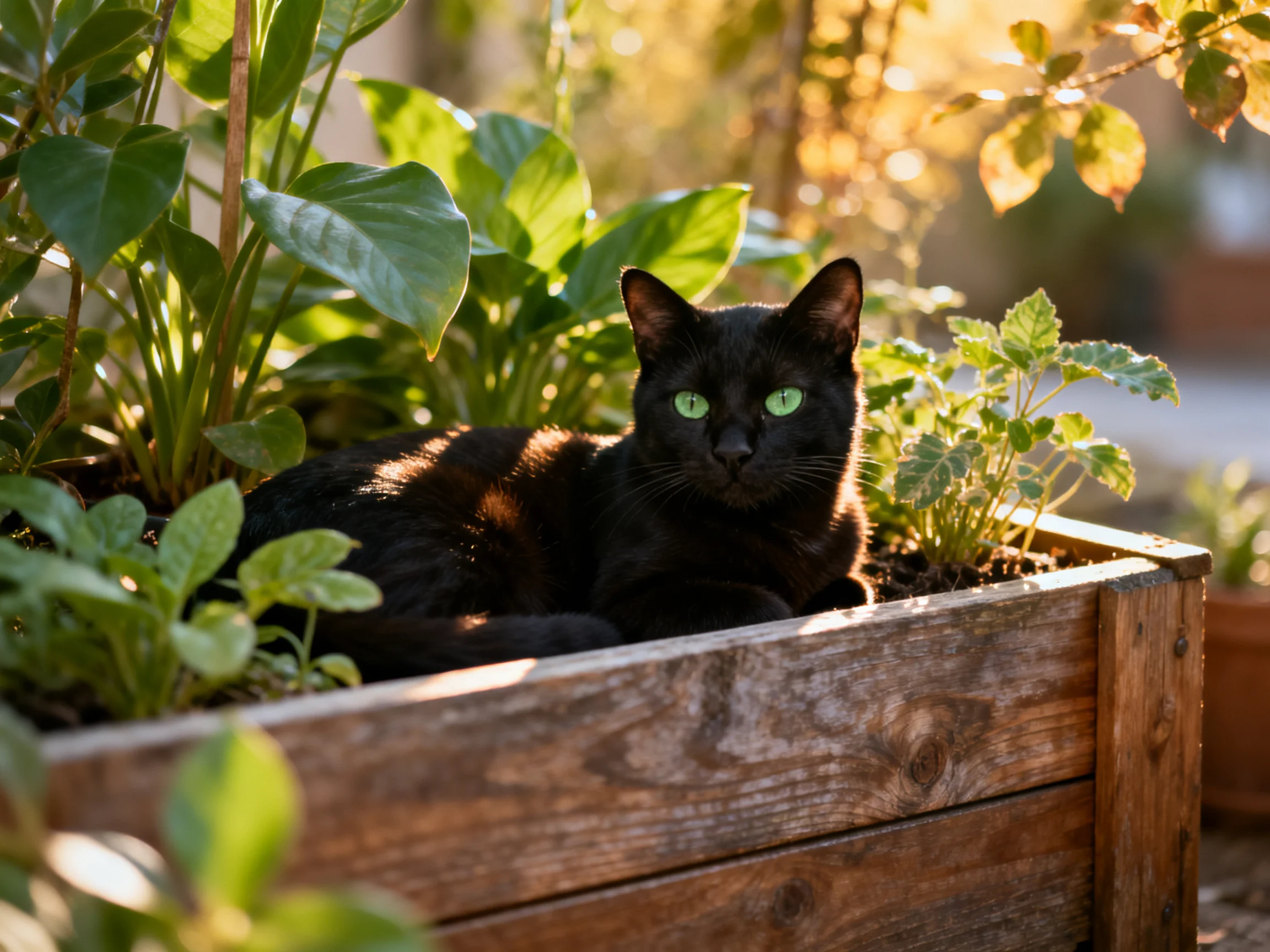 A sleek black cat relaxes amid plants in a wooden planter in a sunlit area.