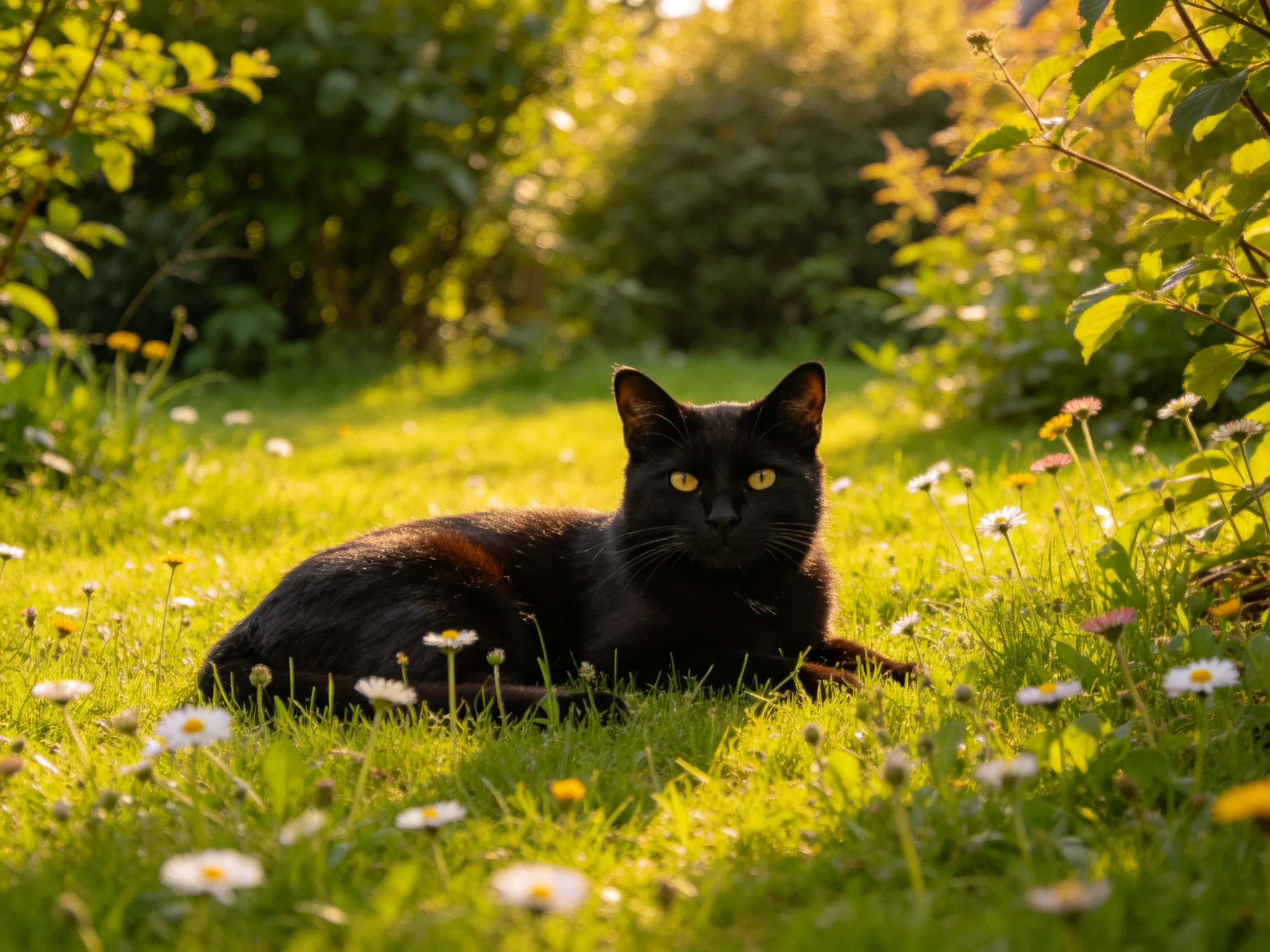 A sleek black cat rests in a sun-drenched garden with green grass and flowers