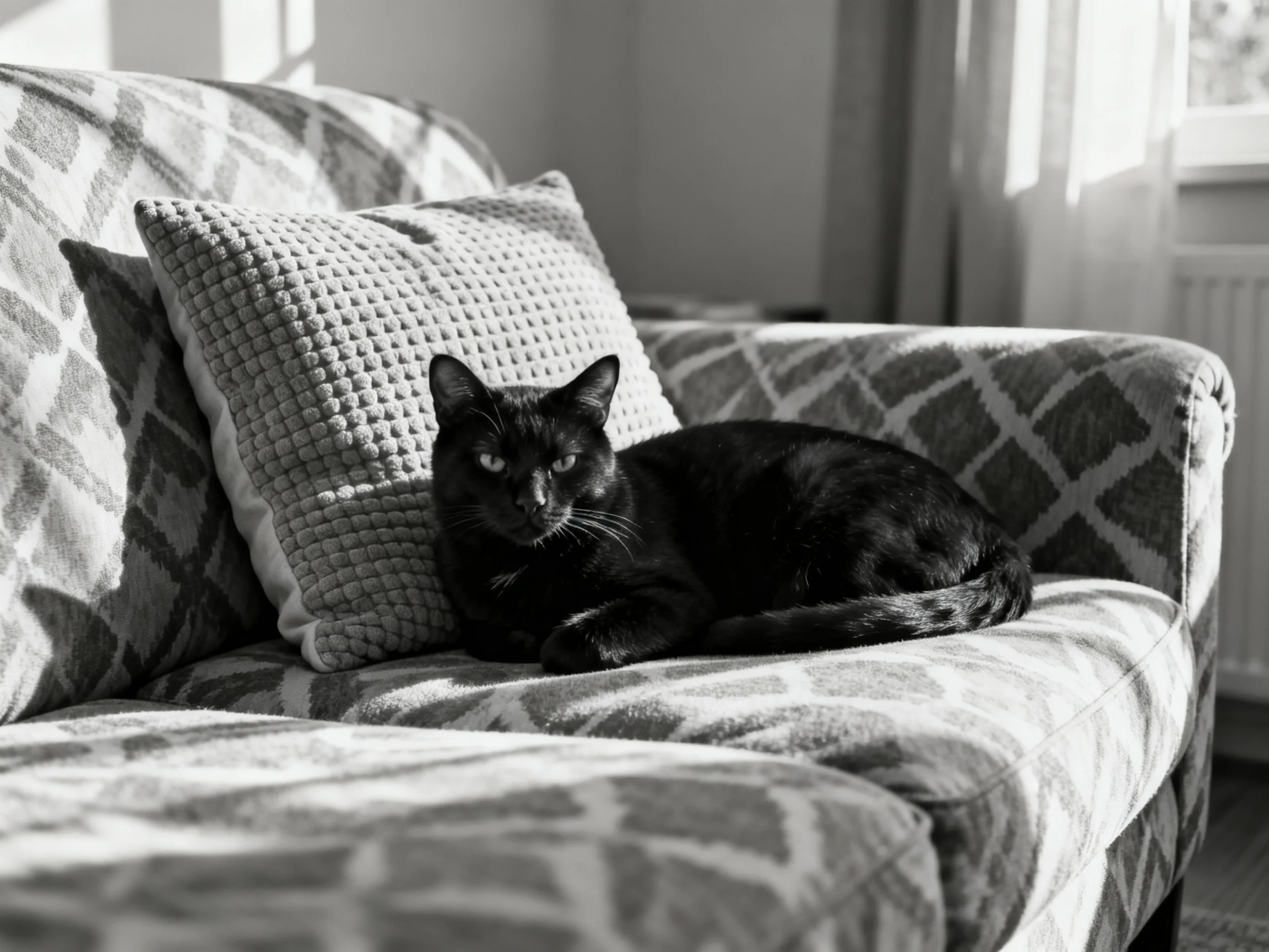 A sleek black cat rests on a geometric-patterned sofa with textured cushions