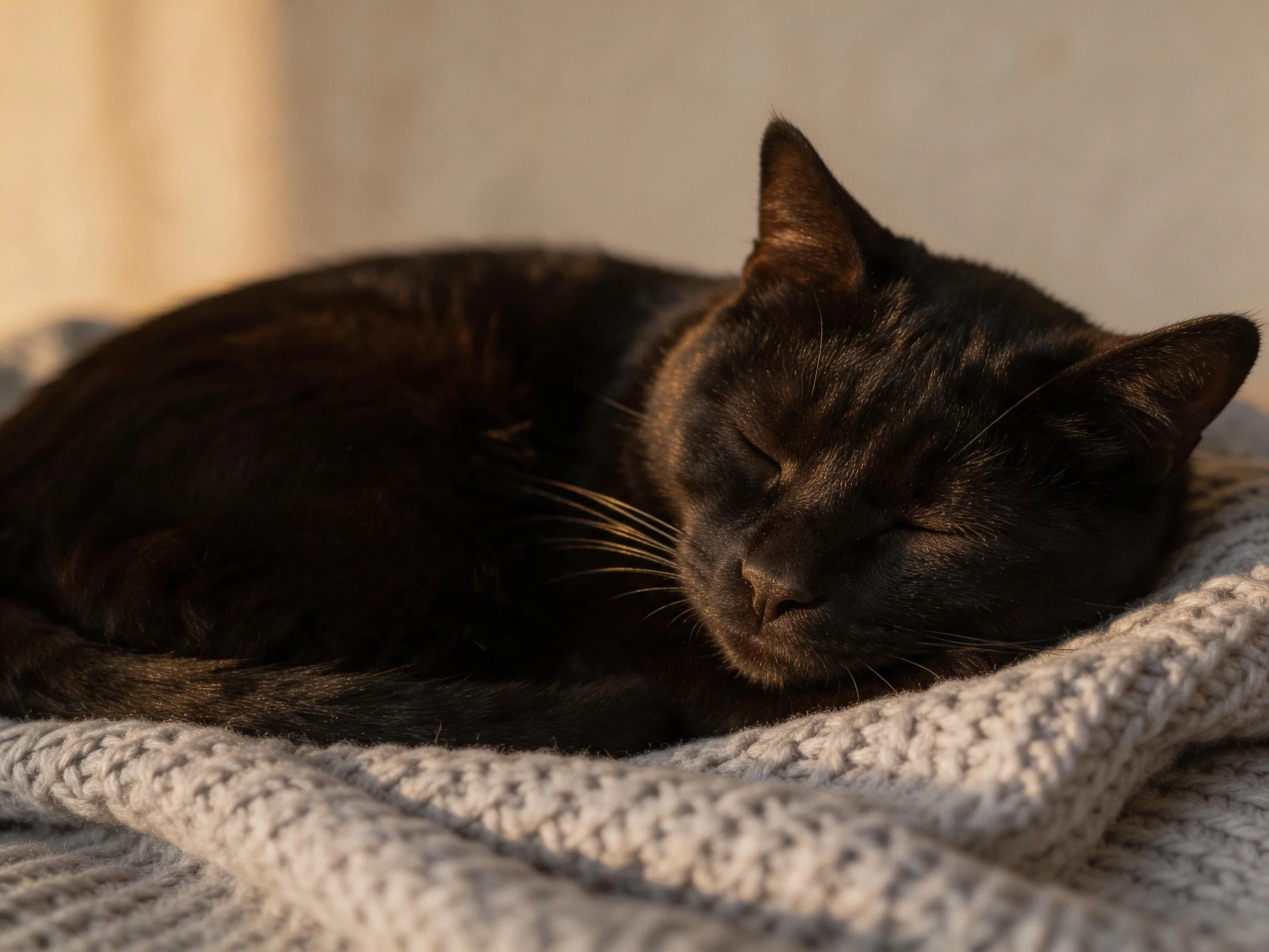 A sleek black cat rests on a knitted gray blanket in warm light