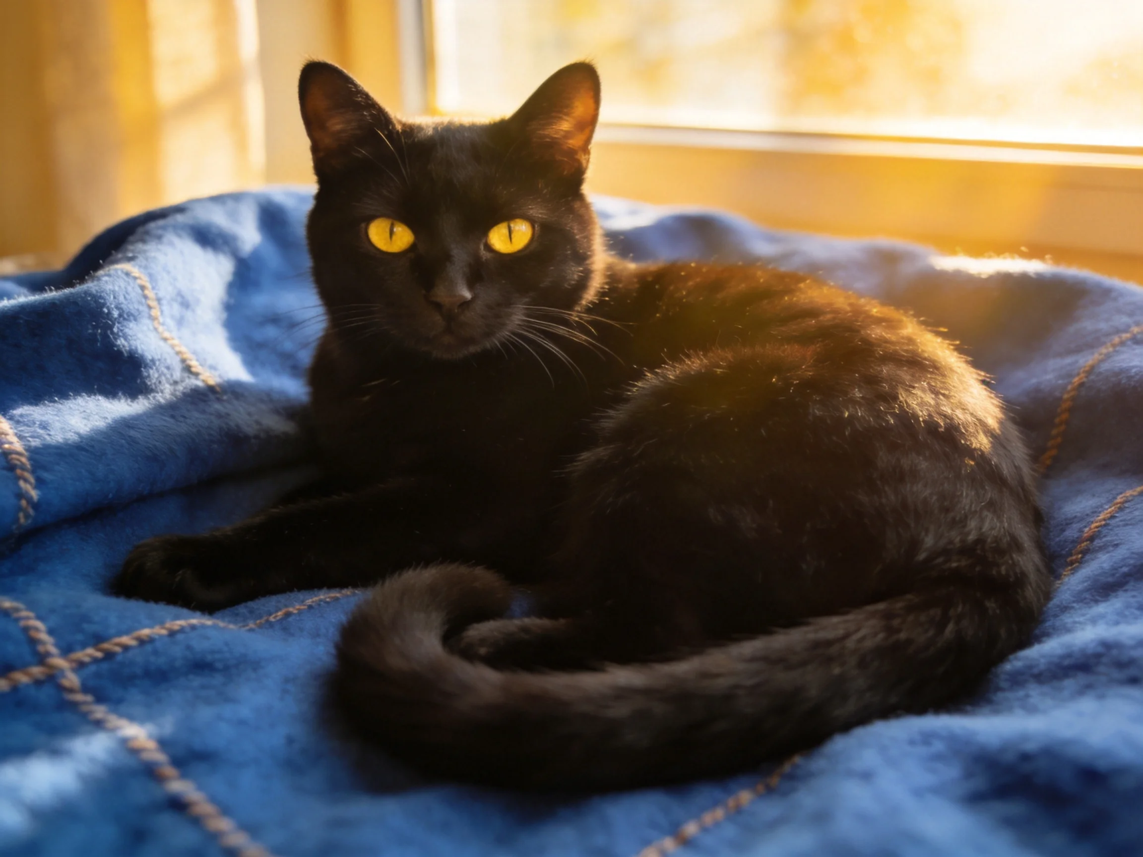 A sleek black cat relaxes on a blue blanket near a sunlit window