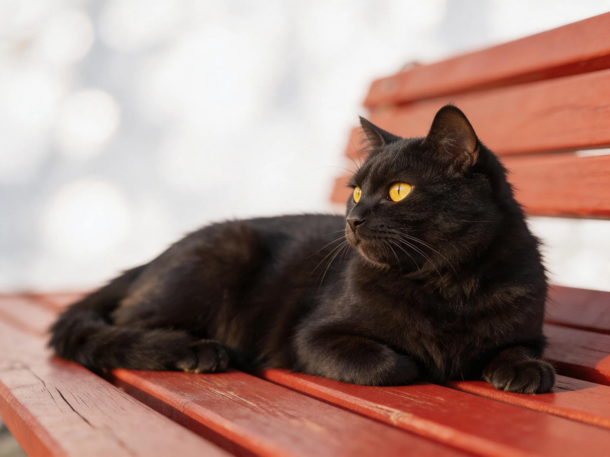 A sleek black cat rests on a polished red wooden bench