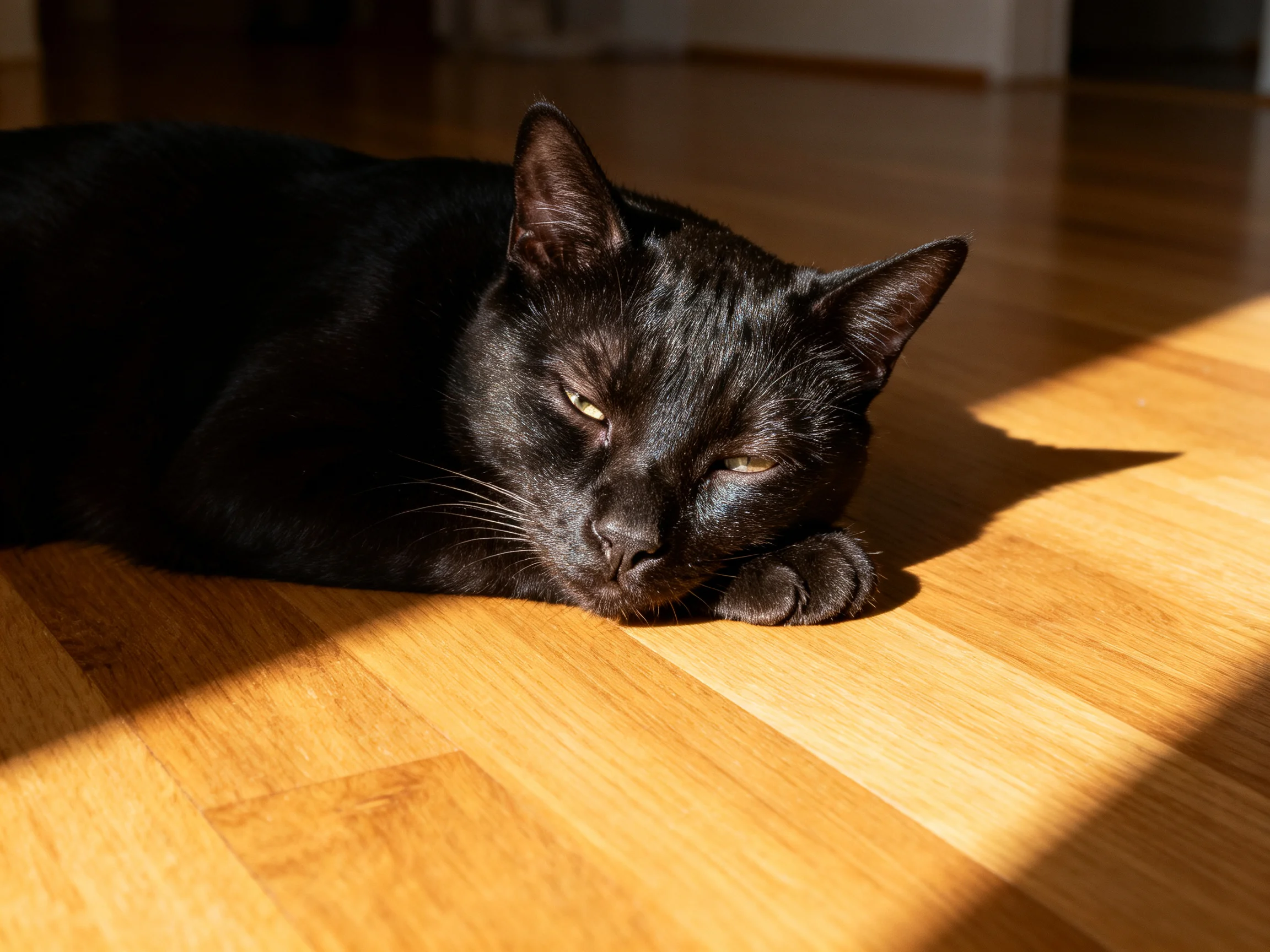 A sleek black cat rests on a polished wooden floor bathed in sunlight