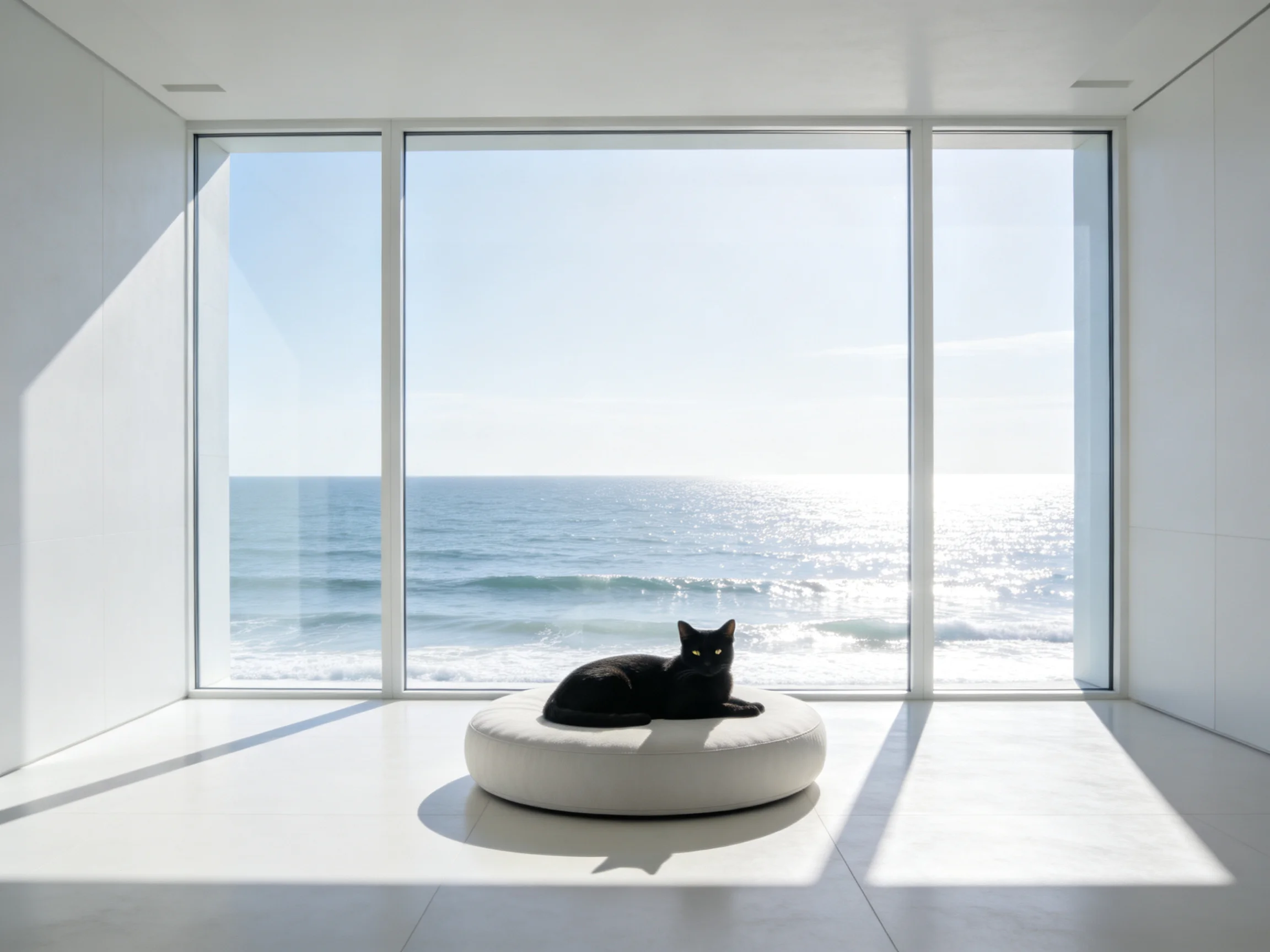 A sleek black cat rests on a round white cushion near floor-to-ceiling ocean windows