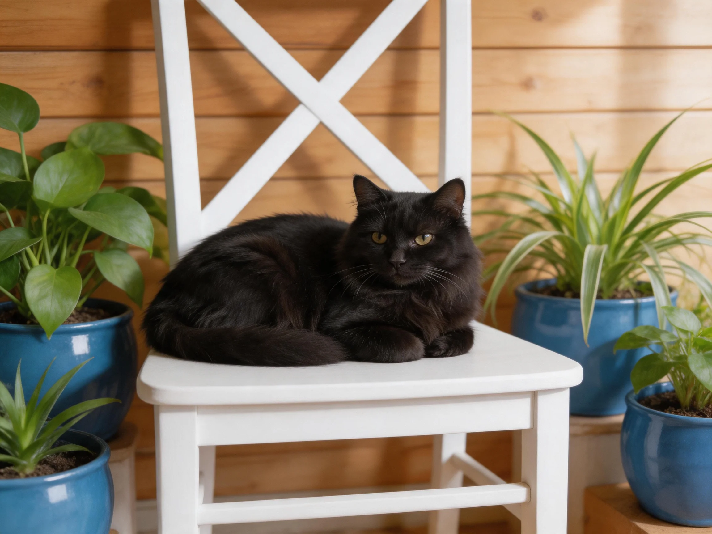 A black cat sits on a white chair surrounded by blue planters near a wooden wall.